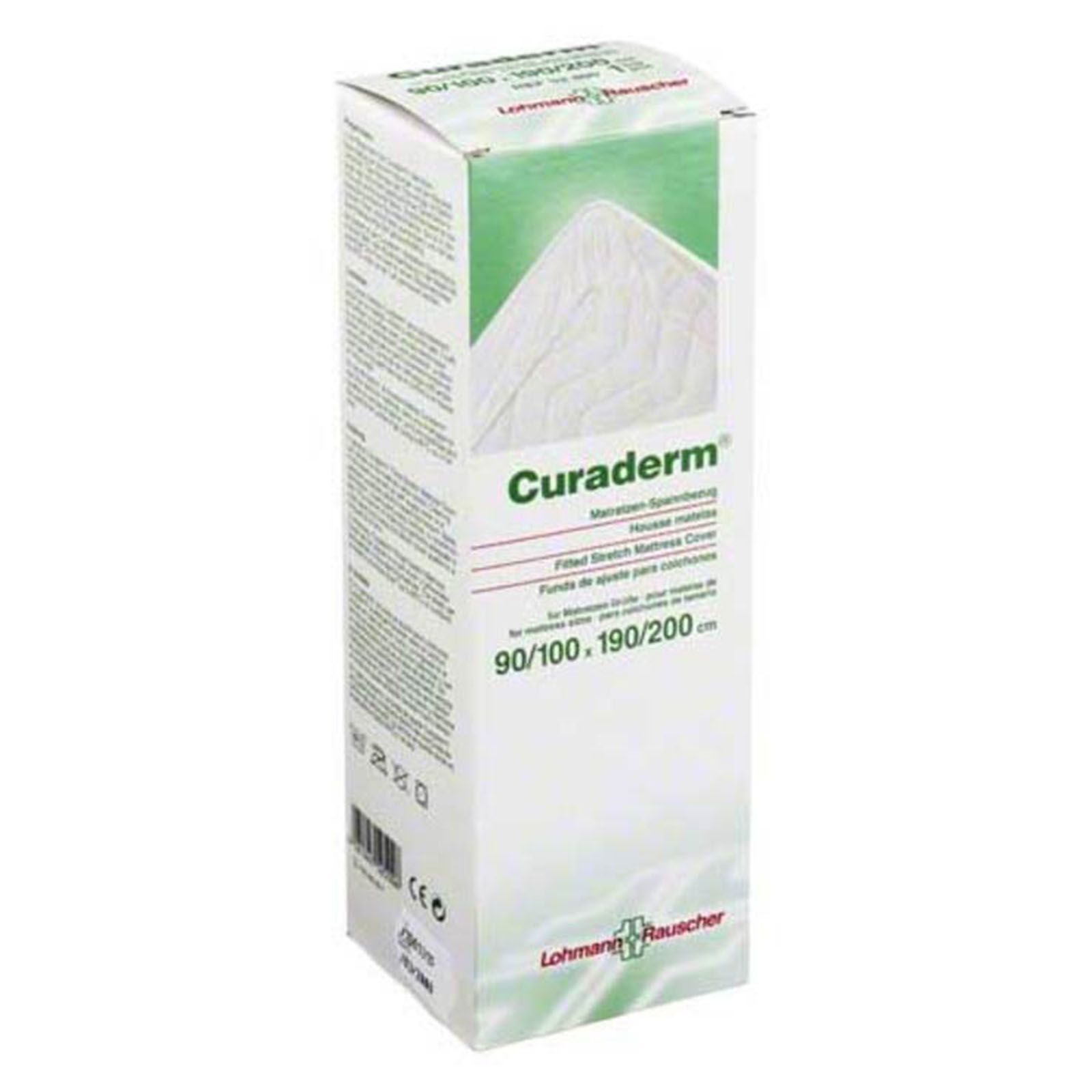 Verpackung von Curaderm Matratzen-Spannbezug. Weißer Karton mit Produktnamen und Größenangabe 90/100/190/200 cm. Logo Lohmann & Rauscher.