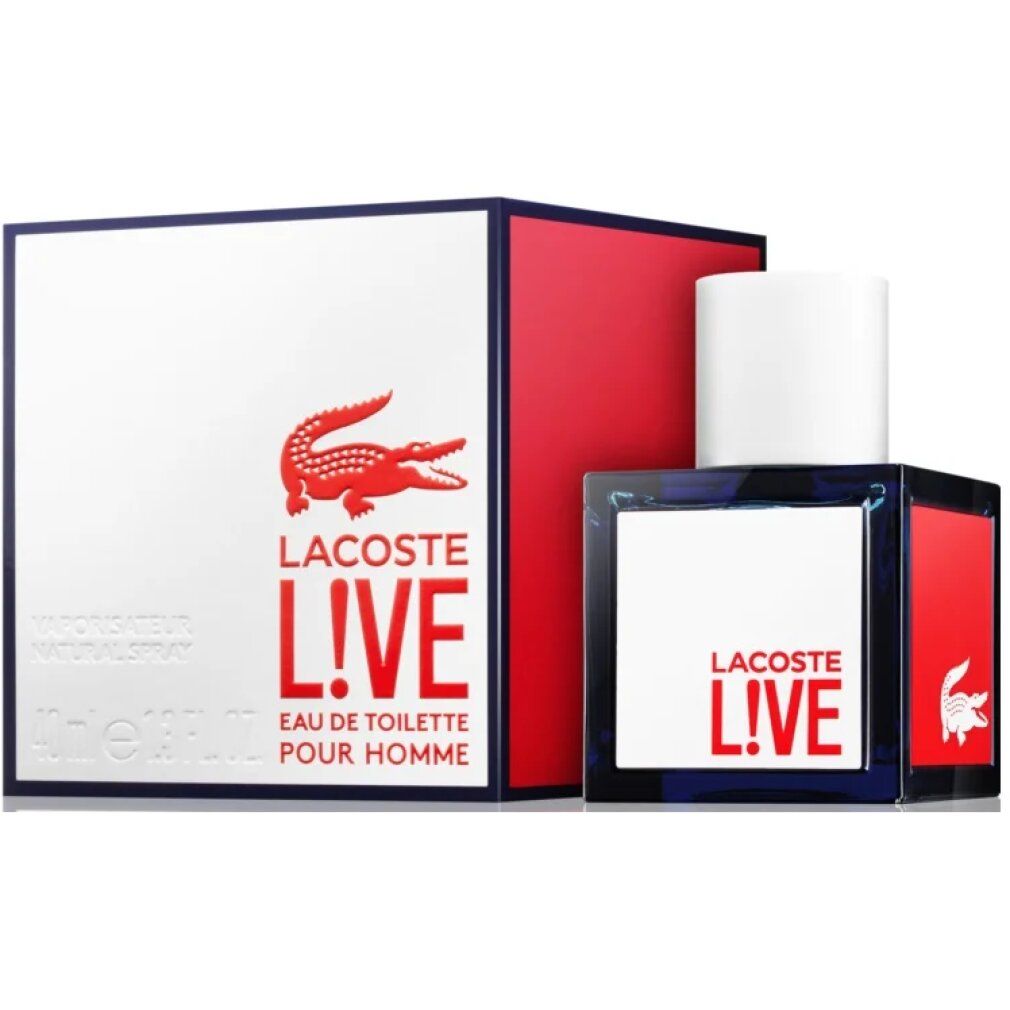 Blau-quadratischer Flakon und Verpackung. Aufschrift: Lacoste Live Eau de Toilette Pour Homme. Rotes Krokodil-Logo.