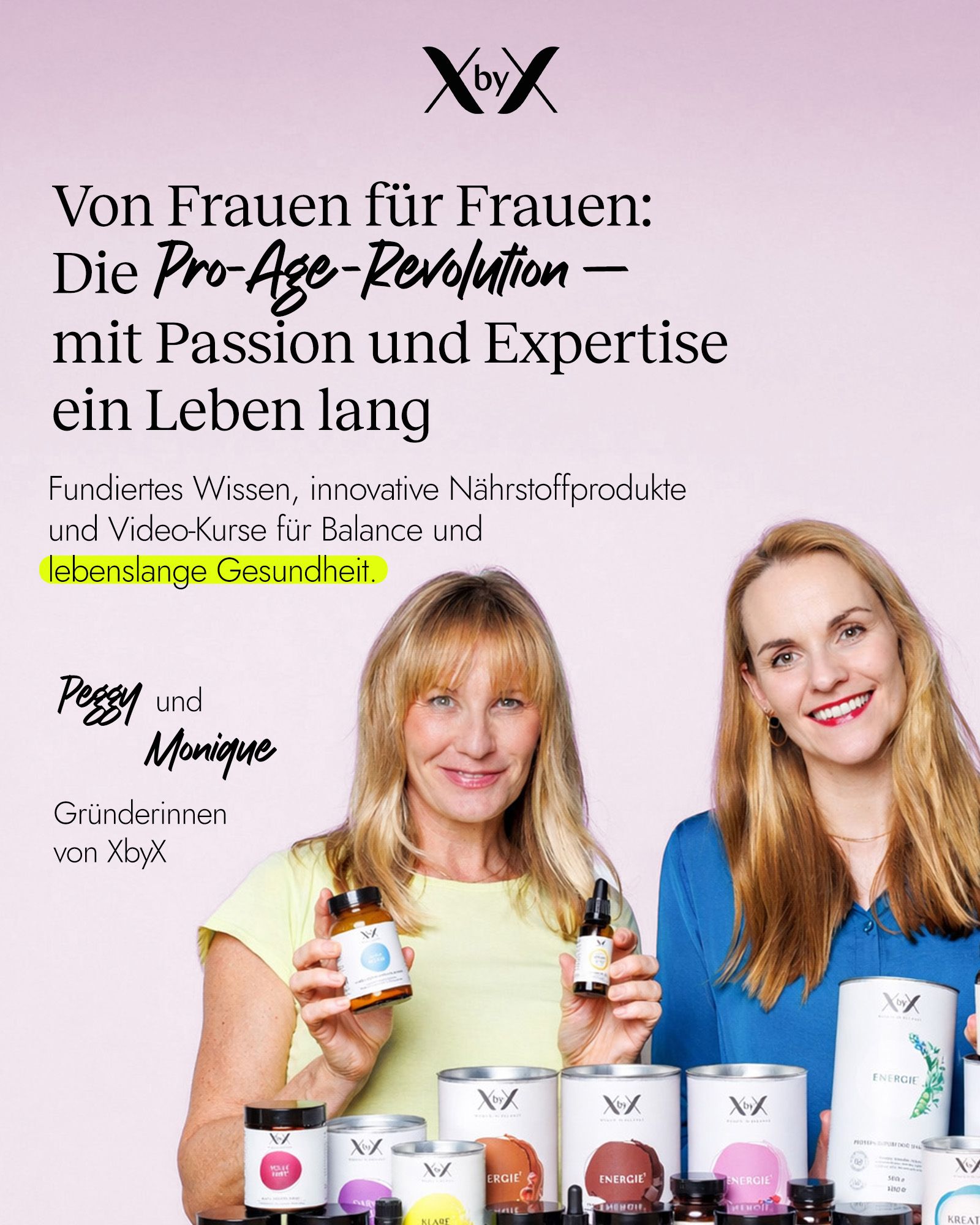 Gründerinnen von XbyX mit Produkten. Im Vordergrund stehen verschiedene XbyX Nahrungsergänzungsmittel.