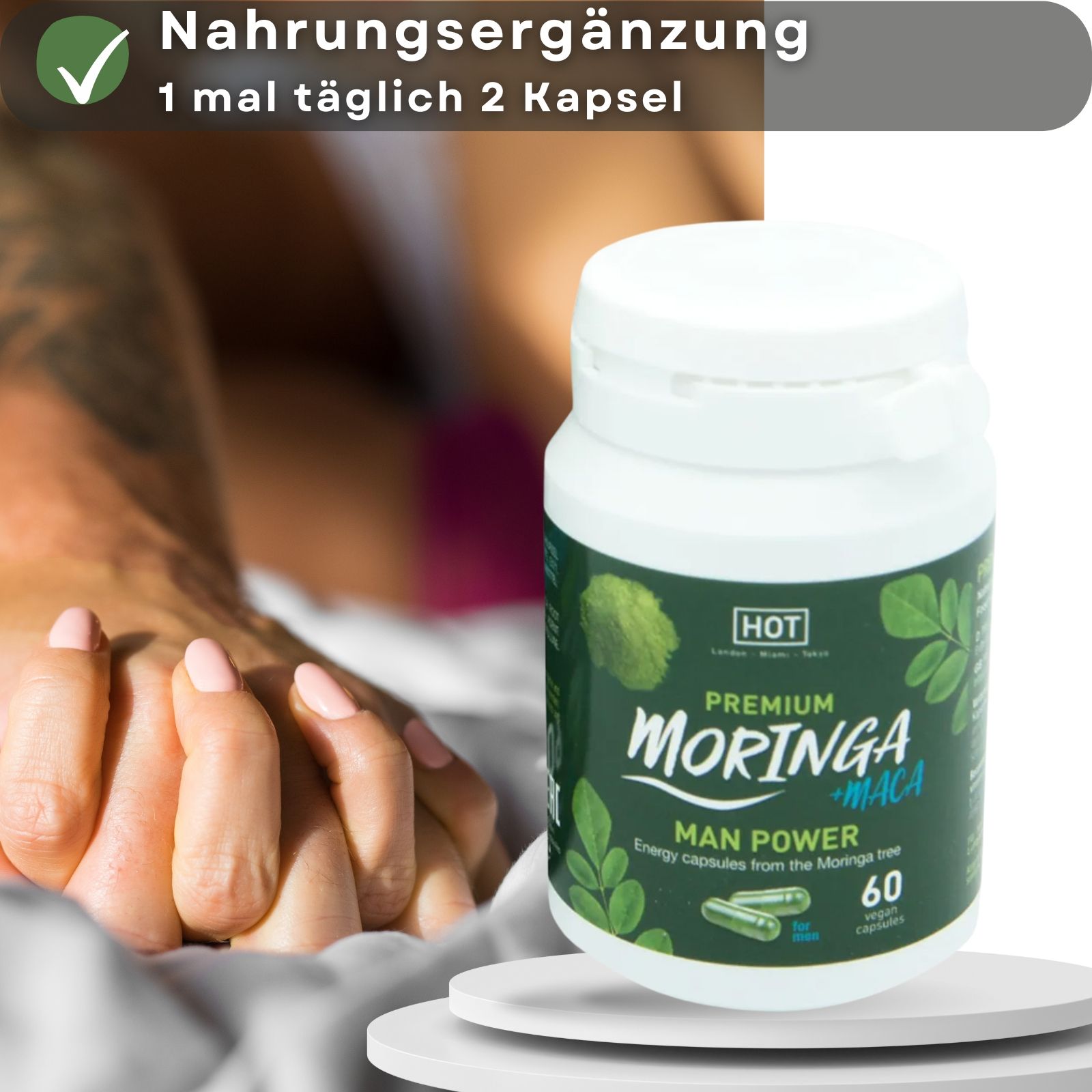Flasche. Aufschrift: Moringa + Maca. Text: Nahrungsergänzung. 1 mal täglich 2 Kapseln.