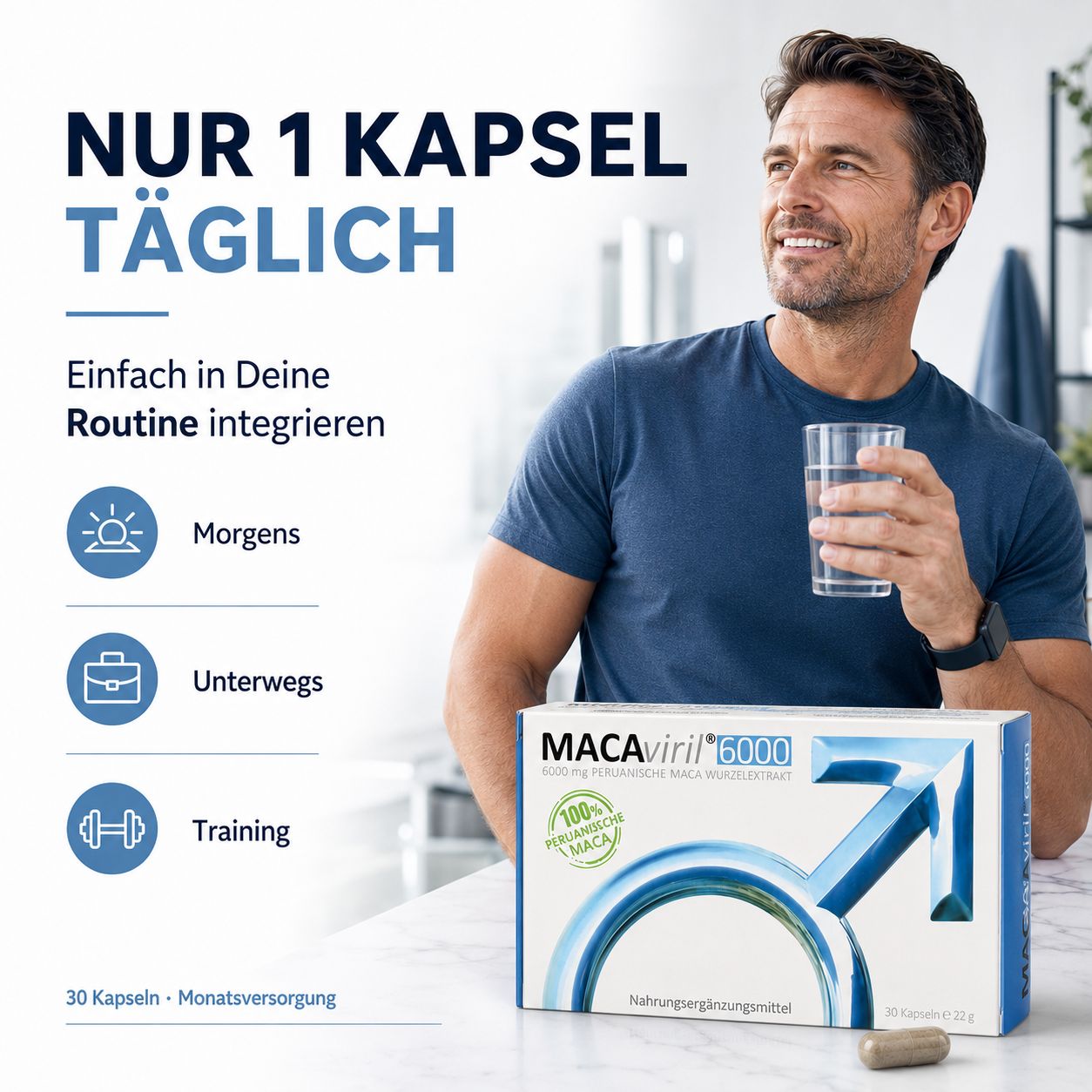 Mann trinkt Wasser, MACAviril 6000® Packung, 1 Kapsel täglich für Morgen, unterwegs und Training.