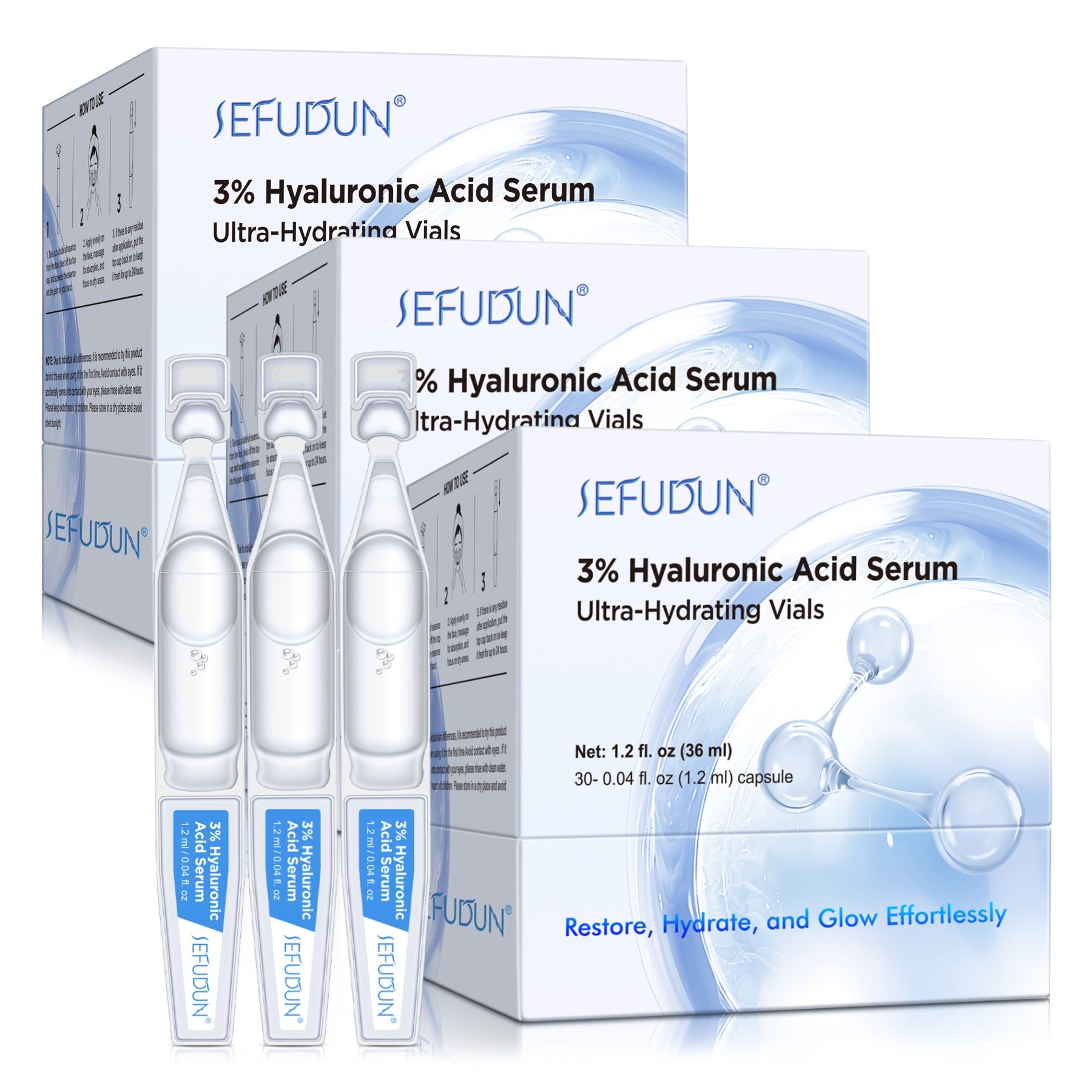 Drei Produktverpackungen. Text: 3% Hyaluronsäure Serum, Ultra-Hydrating Vials. Weiße Schachteln, blaue Schrift.