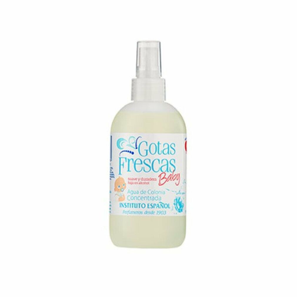 Weiße Flasche mit Sprühkopf. Aufschrift: Gotas Frescas Baby, Agua de Colonia Concentrada. INSTITUTO ESPAÑOL.