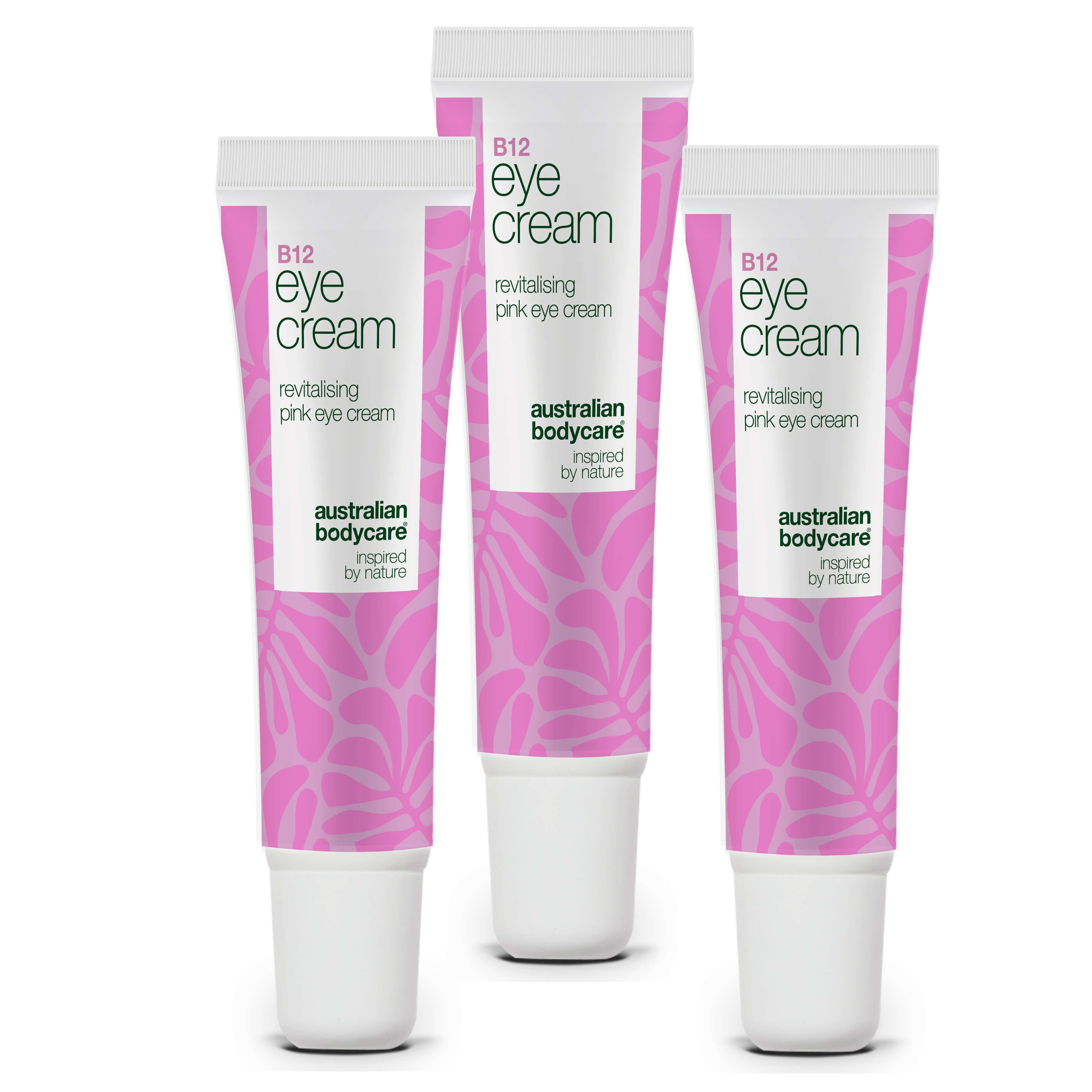 Trois tubes de crème pour les yeux. Design blanc et rose. Inscription : B12 Eye Cream, revitalising pink eye cream, Australian Bodycare.