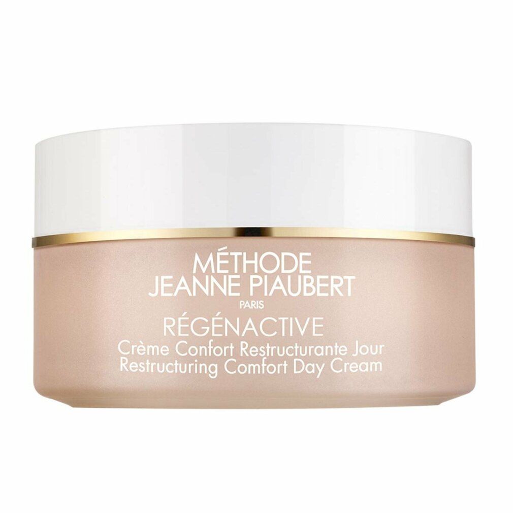 Creme-Tiegel mit weißem Deckel und goldfarbenem Rand. Aufschrift: MÉTHODE JEANNE PIAUBERT, RÉGÉNACTIVE, Crème Confort Restructurante Jour.