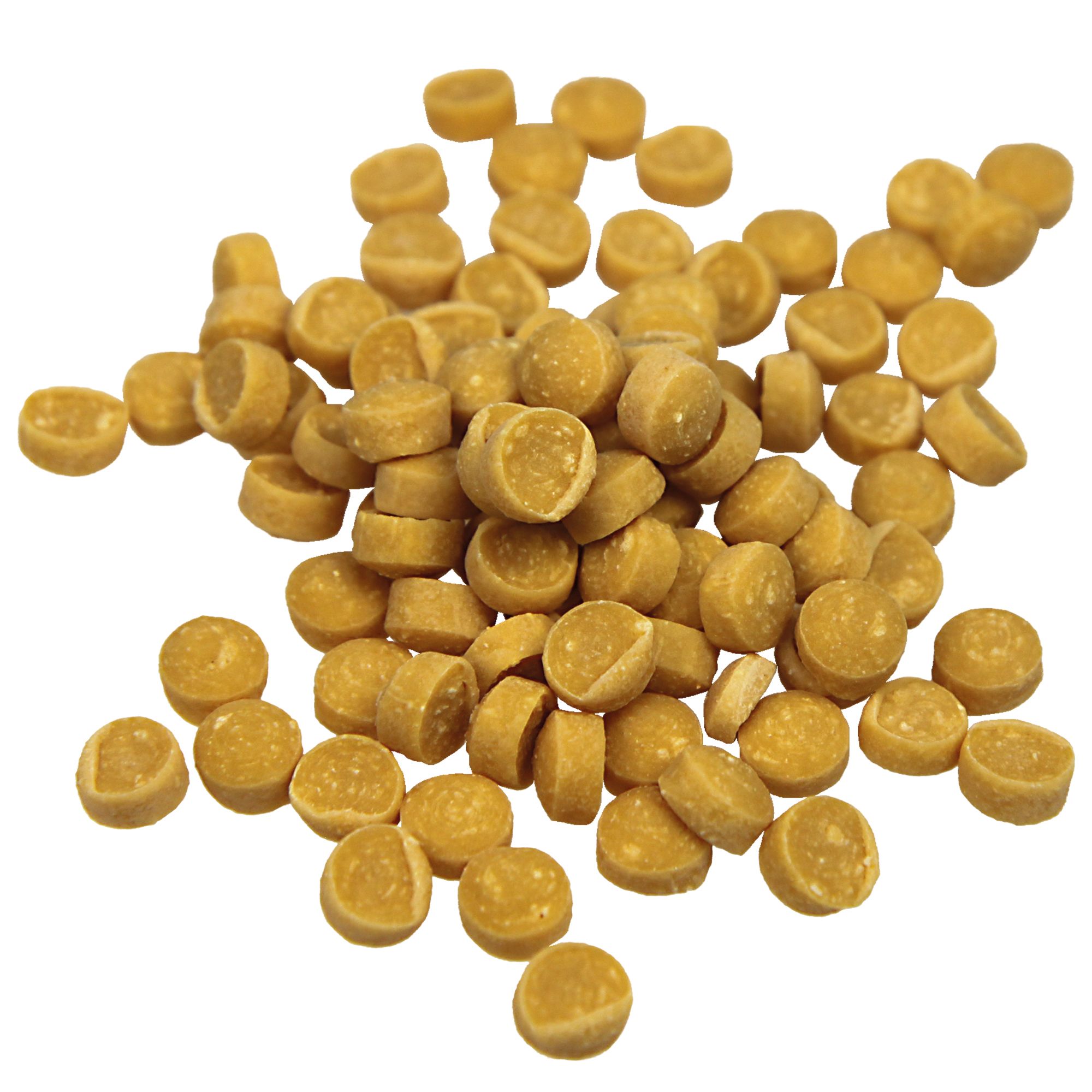 Haufen runder, hellbrauner Hundesnacks. Die Snacks sind flach und scheibenförmig.