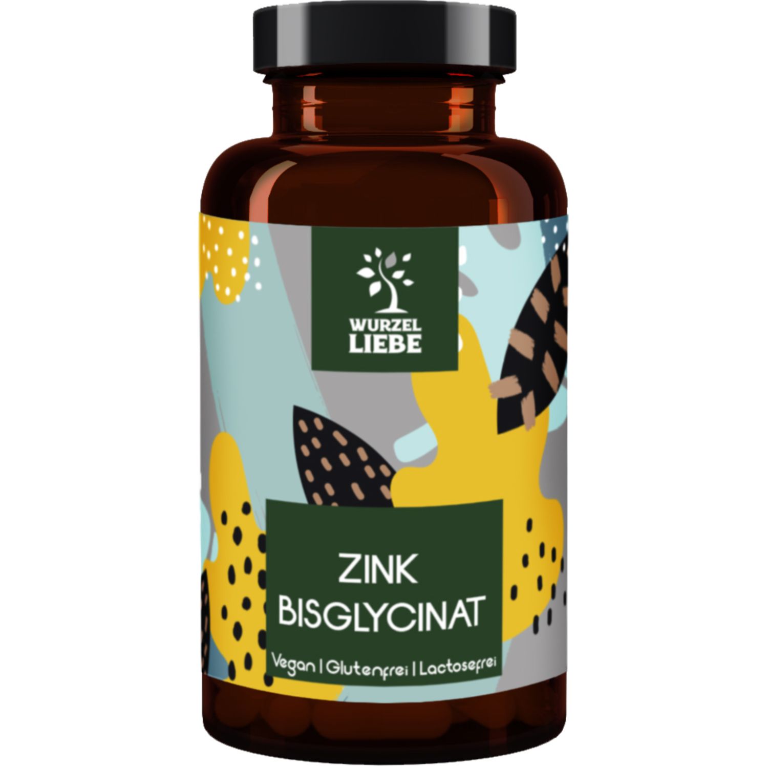 Braune Flasche Zink Bisglycinat. Logo: WURZELLIEBE. Aufschrift: Vegan, glutenfrei, laktosefrei. Bunte Etikett-Elemente.