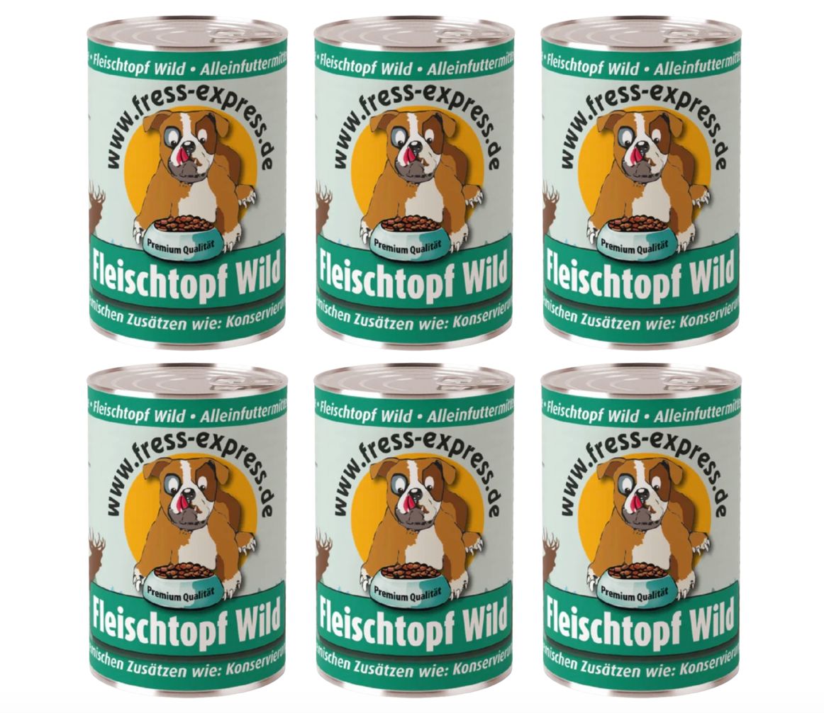 Sechs Dosen Fress-express Fleischtopf Wild Alleinfutter für Hunde. Auf jeder Dose ist ein Hund abgebildet.