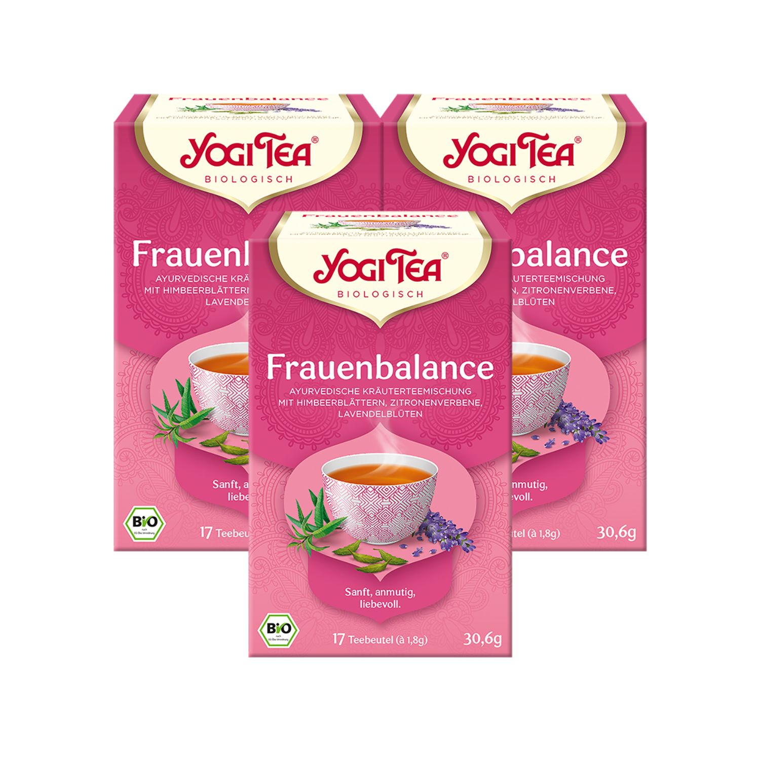 Drei Packungen Yogi Tea Frauen Balance. Pinke Verpackung mit Logo, Produktname und Illustration einer Teetasse. Bio-Siegel.