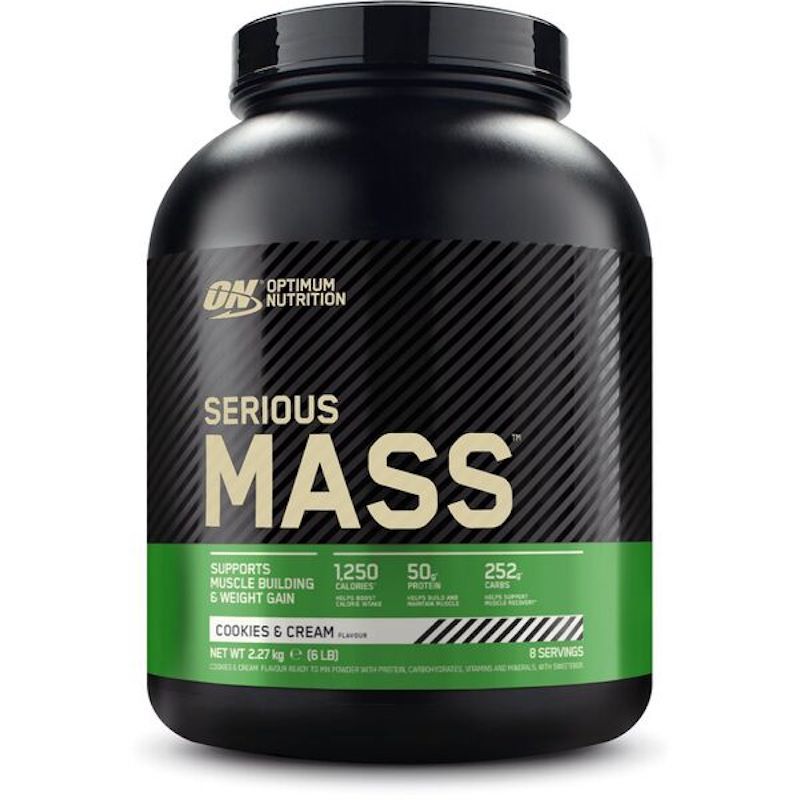 Schwarzer Behälter mit "Serious Mass"-Etikett. "Cookies & Cream"-Geschmack. Enthält 2,27 kg Pulver für 8 Portionen.