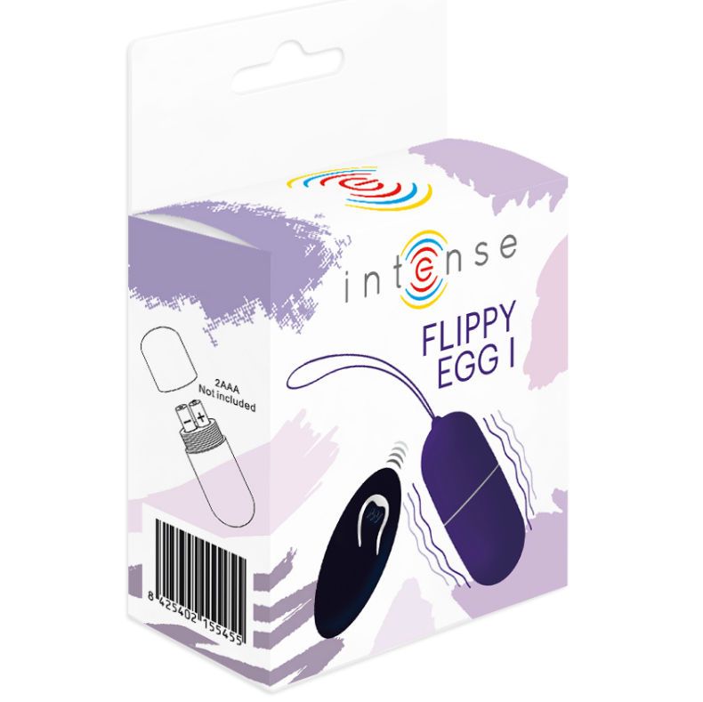 Verpackung mit 'intense Flippy Egg I'. Ei und Fernbedienung abgebildet. Batteriefach.