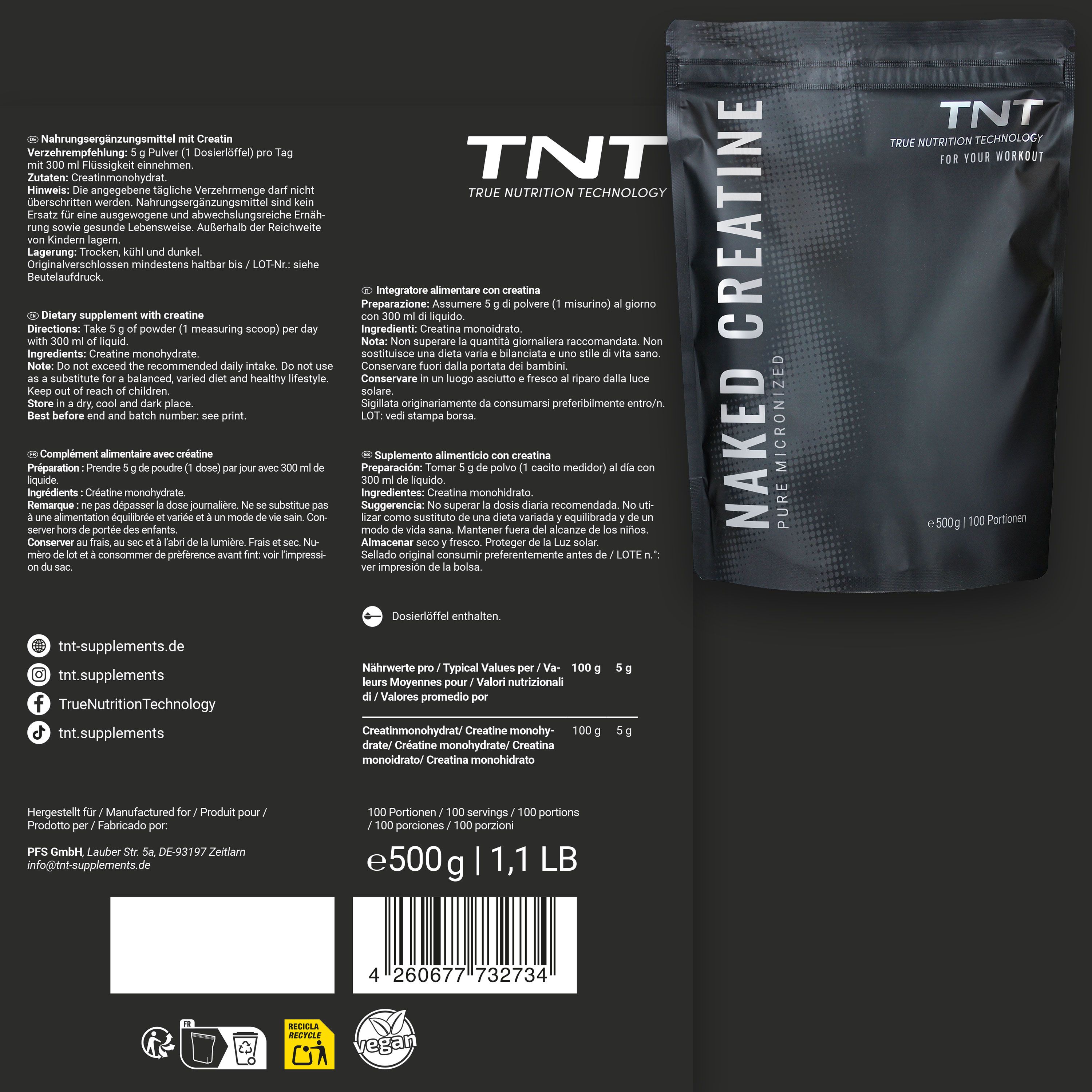 Verpackung mit "NAKED CREATINE". Enthält 500g, 100 Portionen. Informationen zu Inhaltsstoffen und Nährwerten.