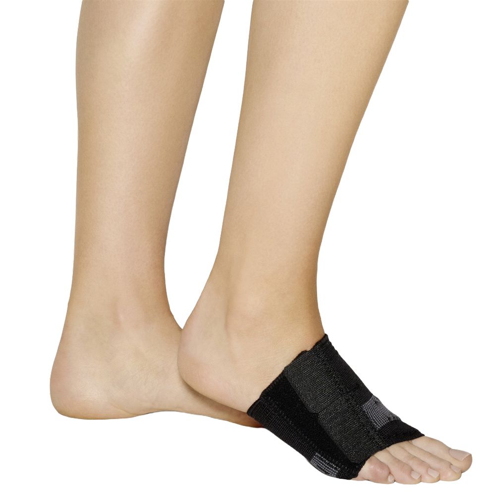 Schwarze Bandage für den Fuß mit Pelotte zur Unterstützung des Mittelfußes.