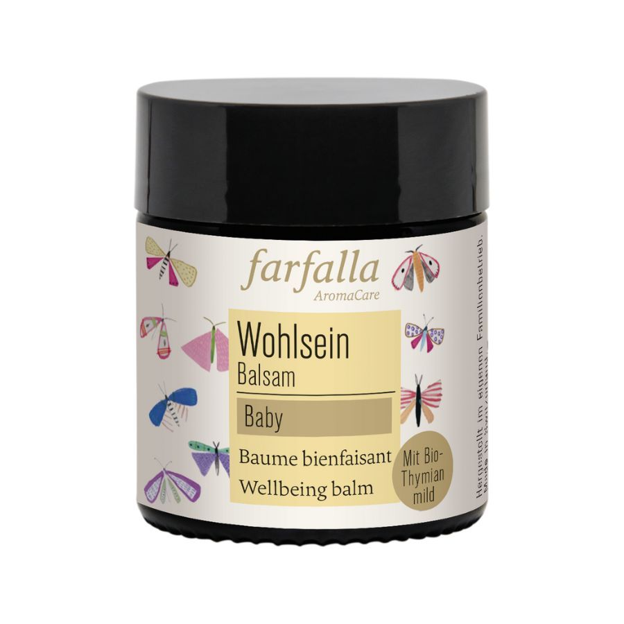 Runde, schwarze Dose mit weißem Etikett. Aufschrift: farfalla, Wohlsein Balsam Baby, Baume bienfaisant, Wellbeing balm. Mit Bio-Thymian mild.