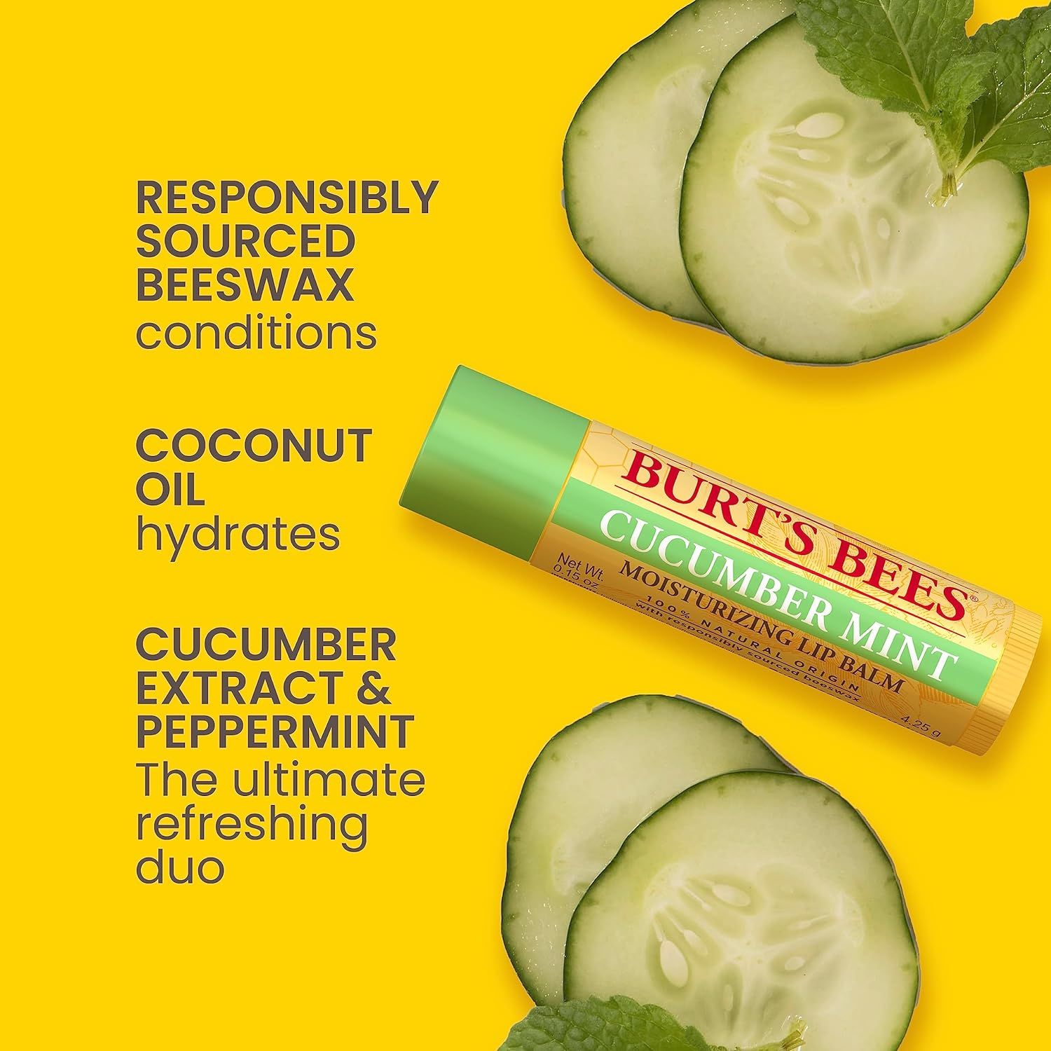 Lippenbalsam-Stift mit Gurke-Minze. Text zeigt: Kokosnussöl, Gurkenextrakt, verantwortungsvolle Beschaffung.