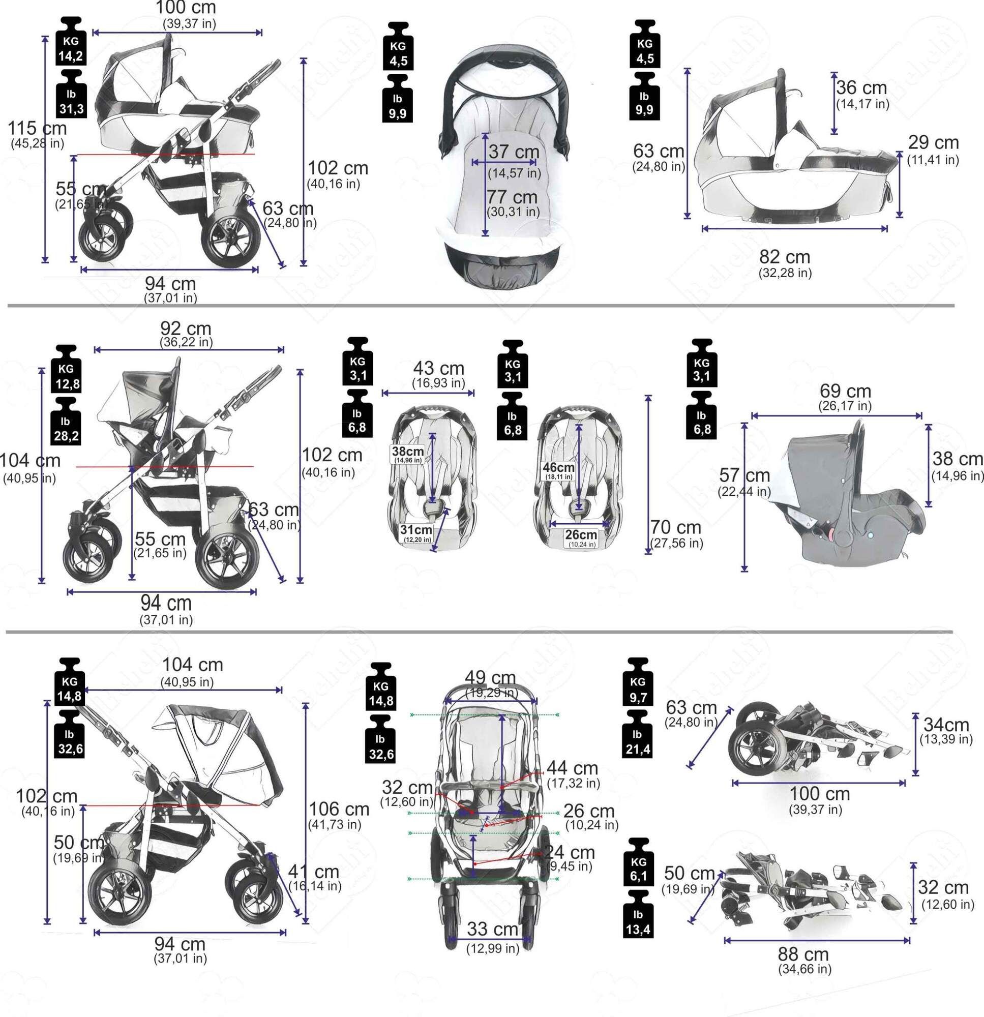 Bebebi Sidney 3 in 1 Kinderwagen Komplettset Hartgummireifen, Ayers Rock (Leinen)