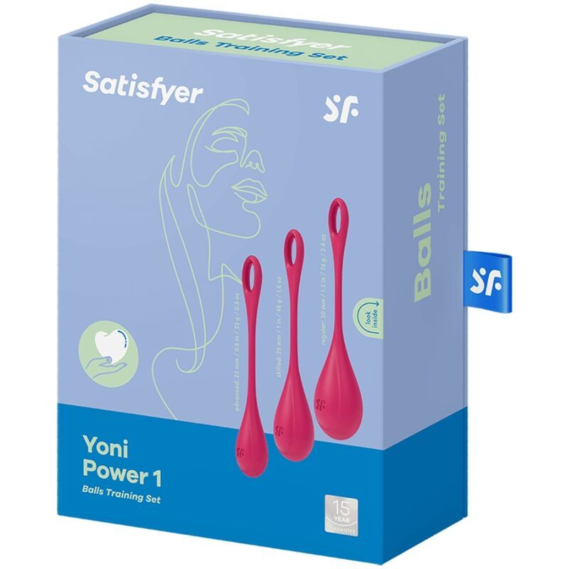 Verpackung von Satisfyer Yoni Power 1. Box mit drei rosafarbenen Kegeln. Aufschrift: Balls Training Set.