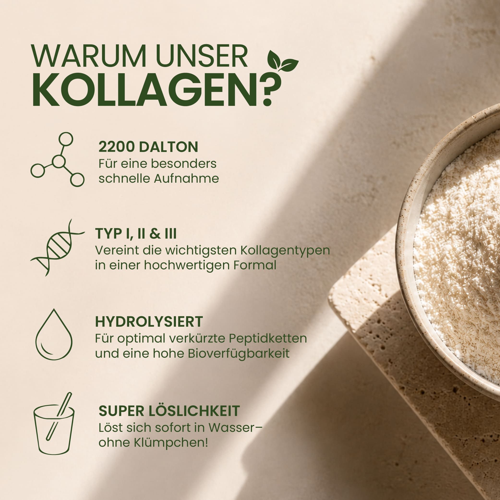 Grafik erklärt Vorteile von Kollagen: 2200 Dalton, Typ I, II & III, hydrolysiert, super löslich.