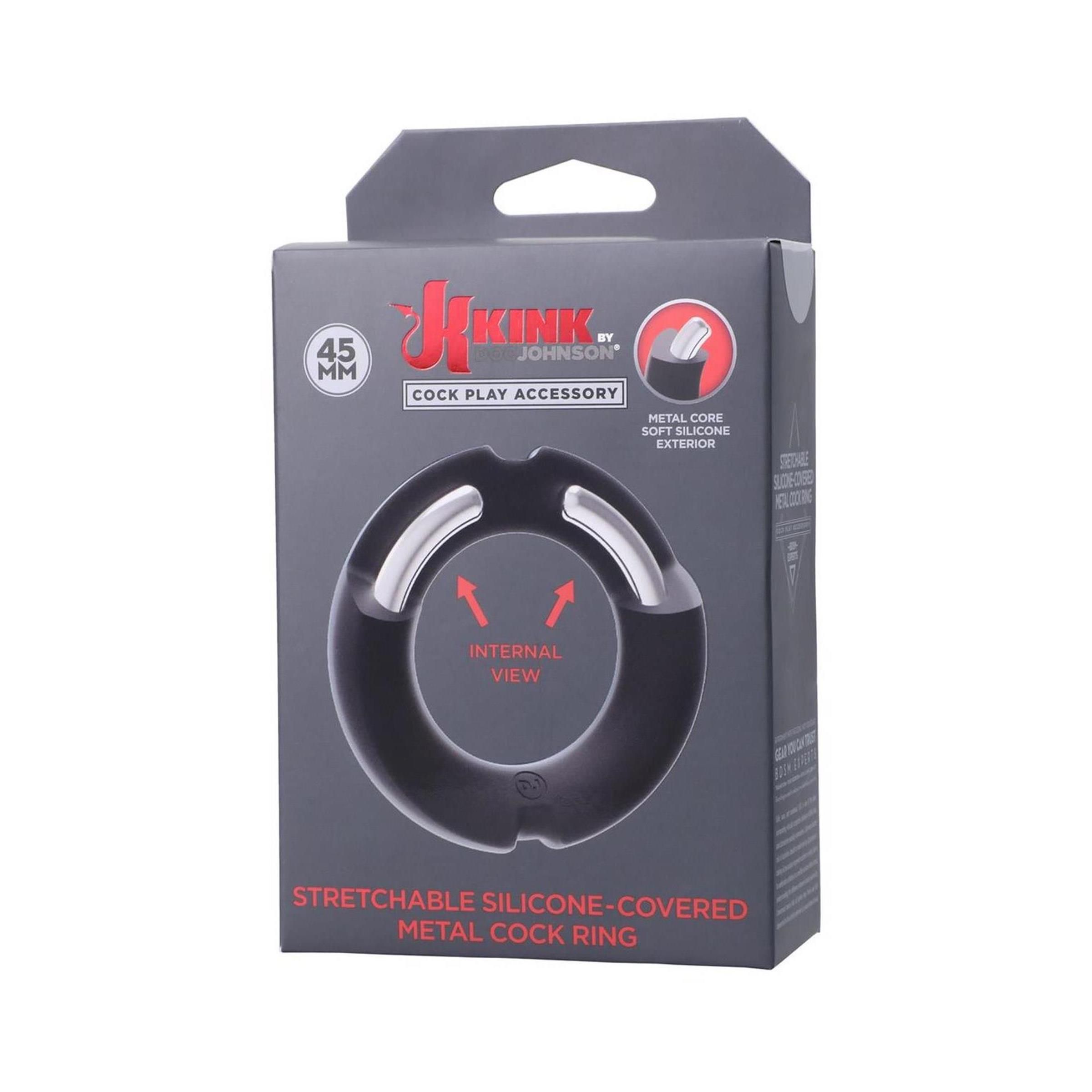 Schwarzer Silikon-Cockring mit Metallkern, in Verpackung. Marke: JK Kink by Doc Johnson. 45 mm. Text: Stretchable Silicone-Covered Metal Cock Ring.