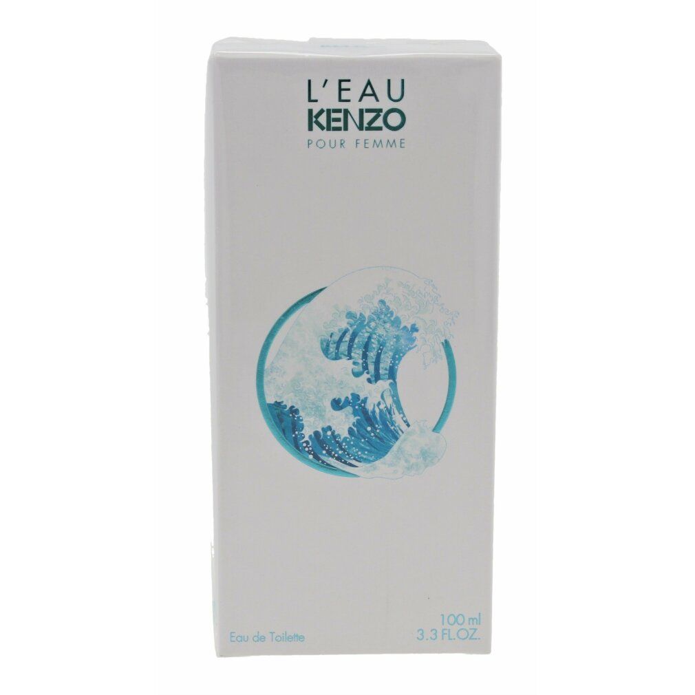 Weiße rechteckige Verpackung mit blauem Wellenmuster und Schriftzug L'EAU KENZO POUR FEMME.