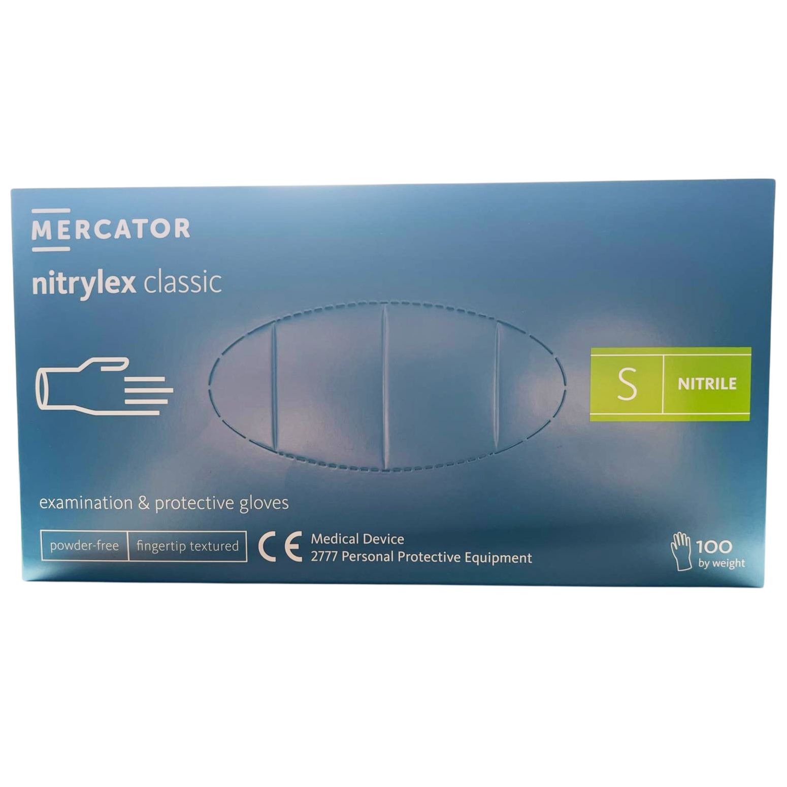 Blau-weiße Verpackung mit Handschuhen. Aufschrift: MERCATOR nitrylex classic, examination & protective gloves, S, NITRILE, 100 Stück.