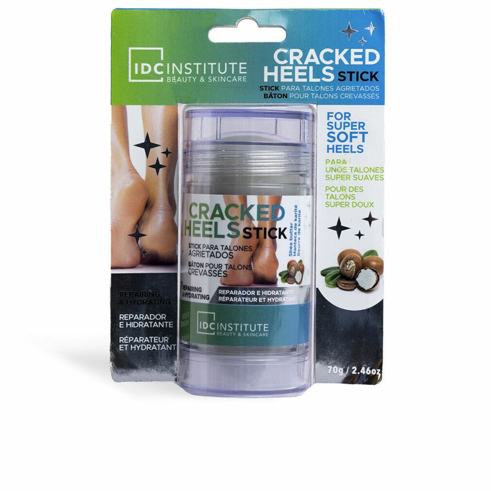 Pflegestift für rissige Fersen in Verpackung. Aufschrift: Cracked Heels Stick. Marke: IDC Institute. Mit Sheabutter. 70g/2.46oz.