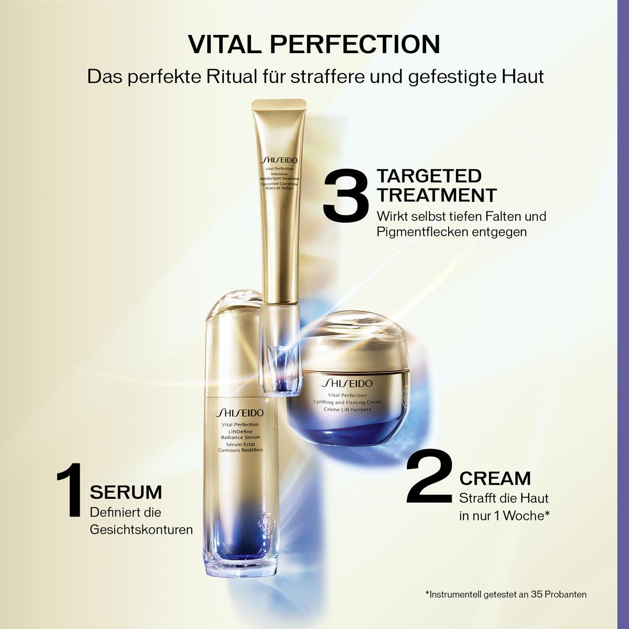 Drei Shiseido-Produkte. Tube, Serumflasche und Creme-Tiegel. Text: Serum, Creme, Targeted Treatment.