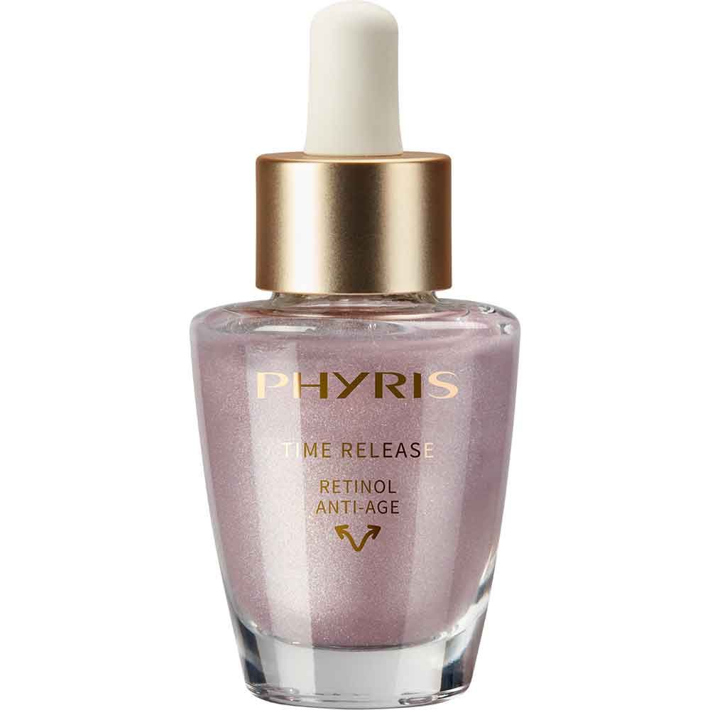 Glasflasche mit goldfarbenem Deckel und Pipette. Aufschrift: PHYRIS TIME RELEASE RETINOL ANTI-AGE.