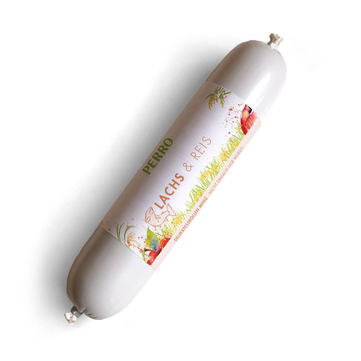 Wurstförmiges Produkt mit Etikett. Aufschrift: PERRO Lachs & Reis. Abbildung eines Hundes.