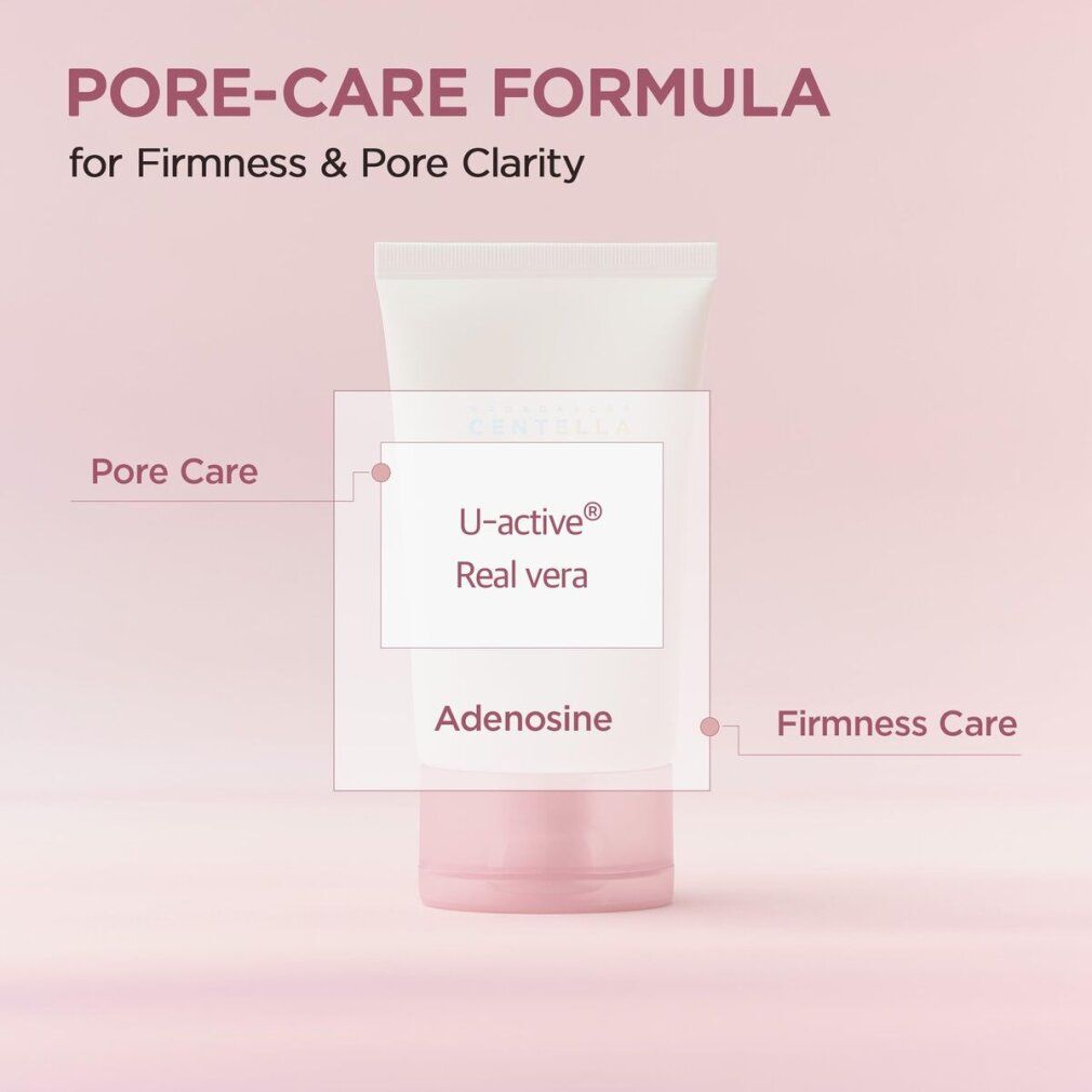 Weiße Tube mit rosa Verschluss. Aufschrift: MADAGASCAR CENTELLA Poremizing Light Gel Cream. Marke: SKIN1004.