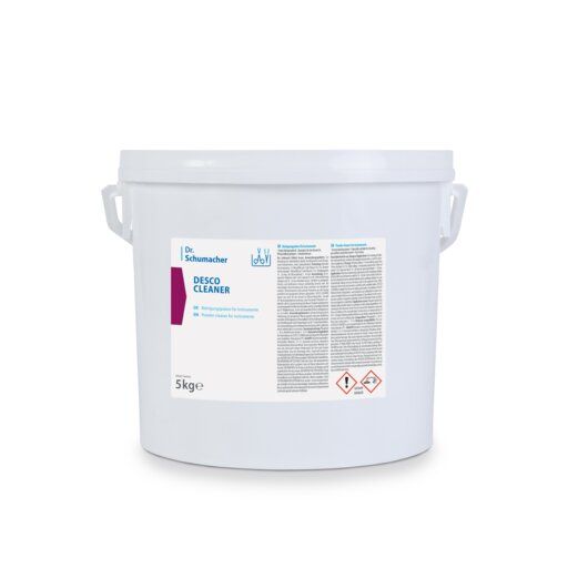 Weißer Eimer mit Griffen. Aufkleber mit Produktnamen DESCO CLEANER, Logo und Warnhinweisen. Gewicht: 5 kg.