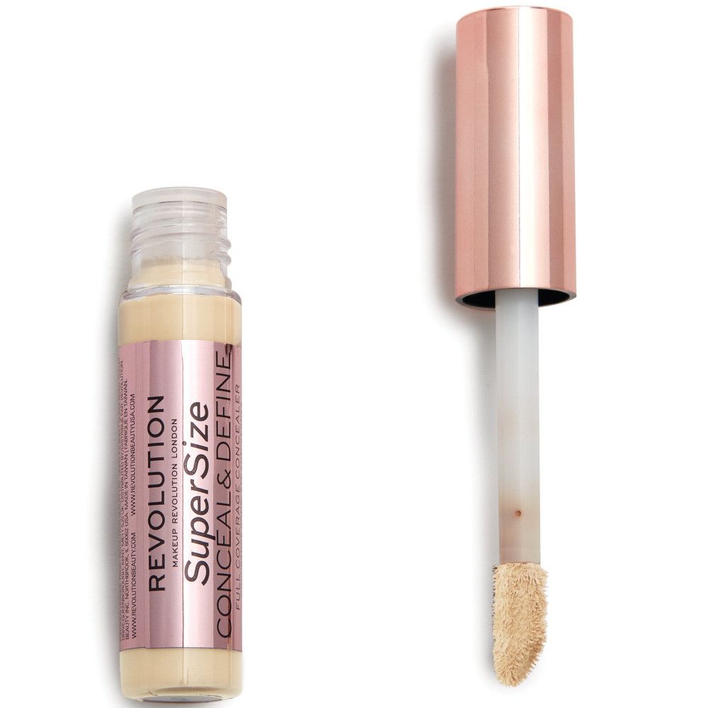 Concealer-Tube und Applikator. Roségoldfarbener Deckel. Aufschrift: Super Size Conceal & Define. Helle, cremefarbene Textur.