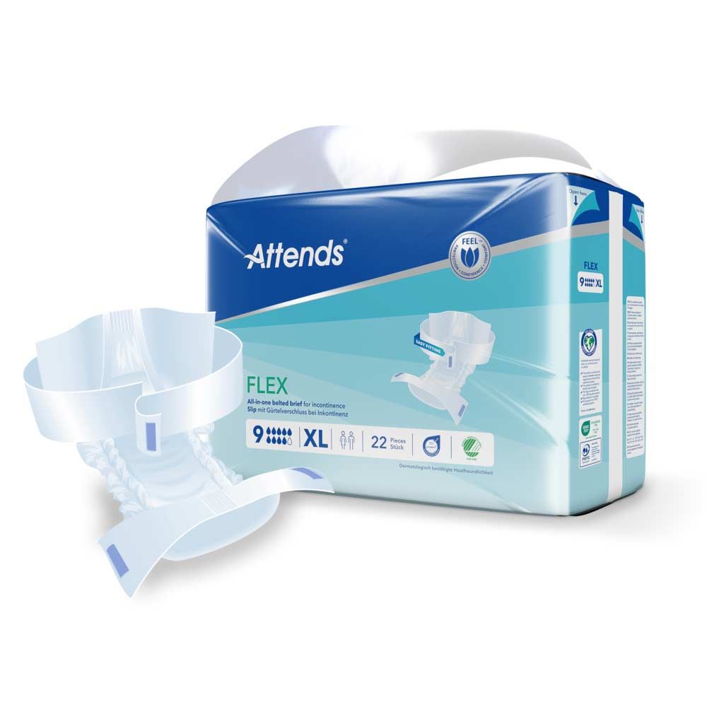 Attends Flex 9 XL, 22 Stück. Weiße Inkontinenzvorlage neben Verpackung. Verpackung mit Logo, Produktbezeichnung und Größenangabe.