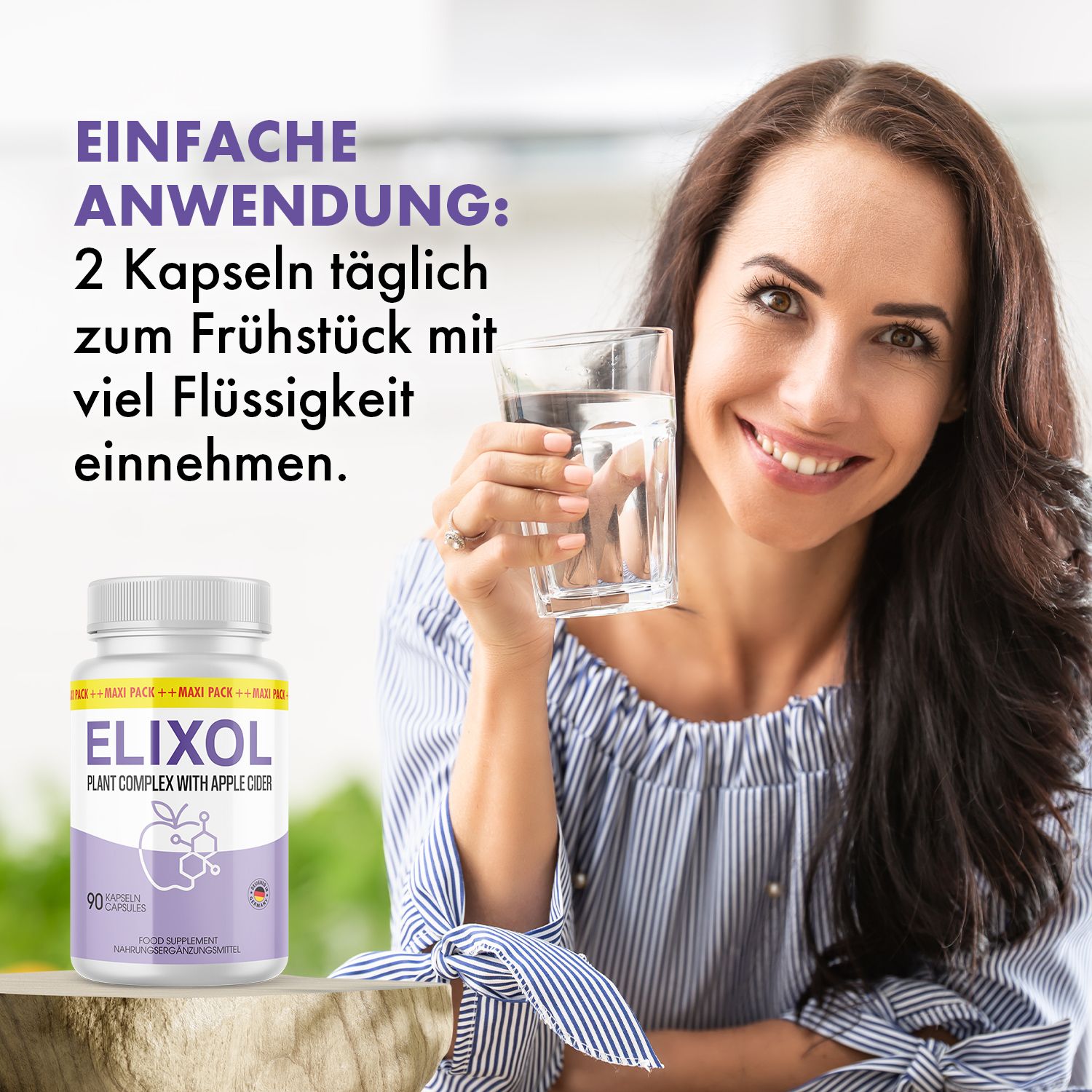 Frau hält Glas Wasser, lächelt. Flasche Elixol Kapseln daneben. Lila Etikett mit Apfel-Grafik. 90 Kapseln. Text: "Plant Complex with Apple Cider".