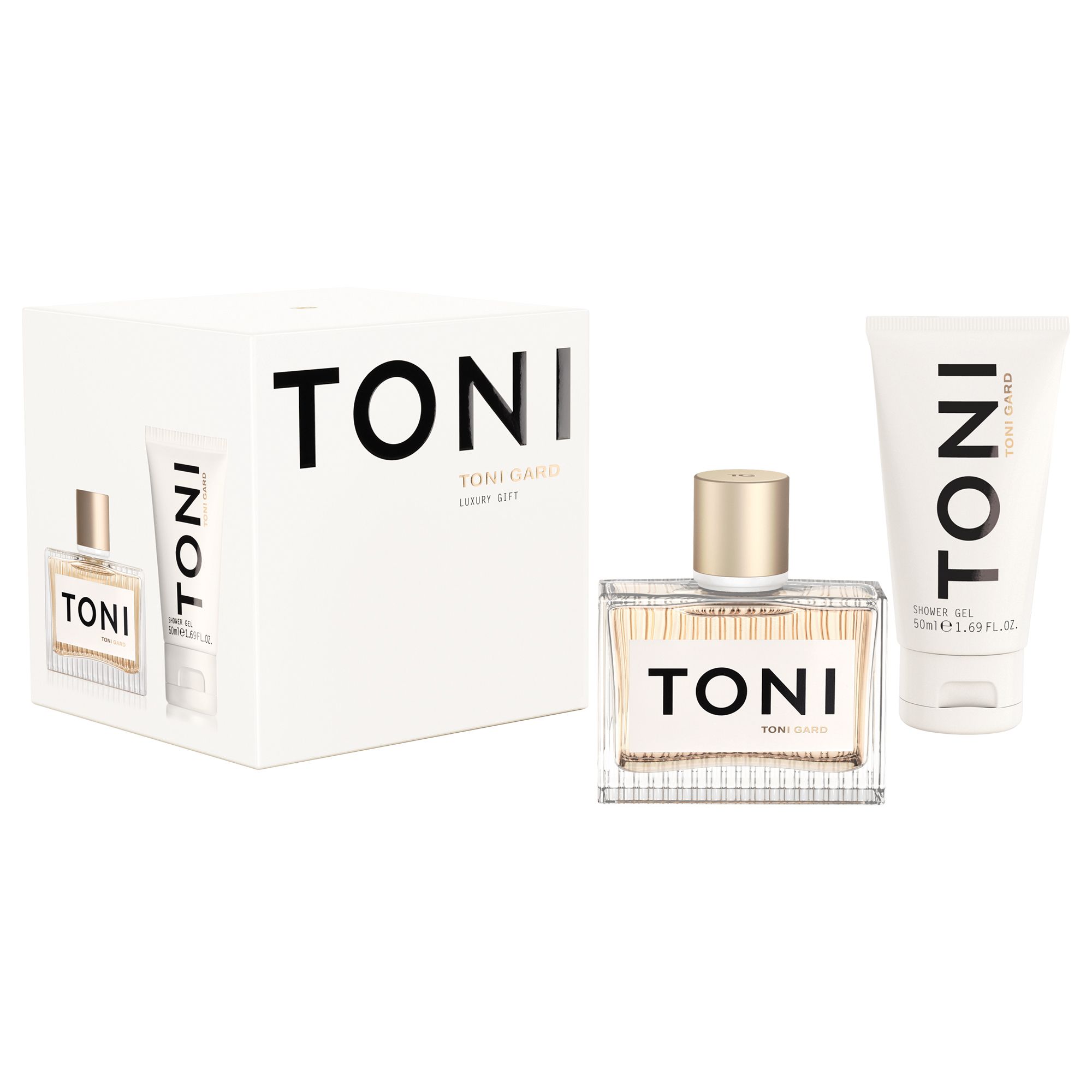 Geschenkbox mit Eau de Parfum und Duschgel. Auf der Box steht TONI. Das Eau de Parfum hat einen goldenen Verschluss.