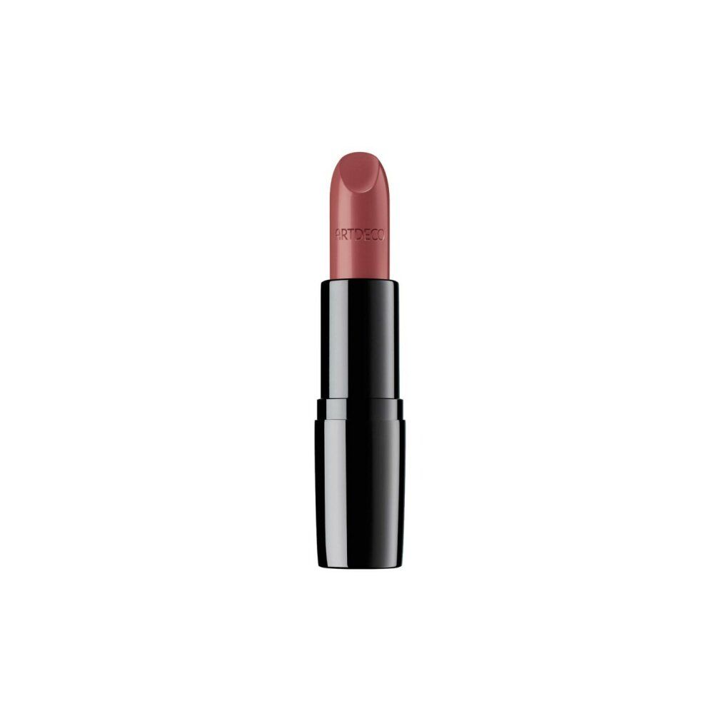Artdeco Perfect Color Lipstick in einem schwarzen Gehäuse. Die Lippenstiftfarbe ist ein matter Rosenholzton.