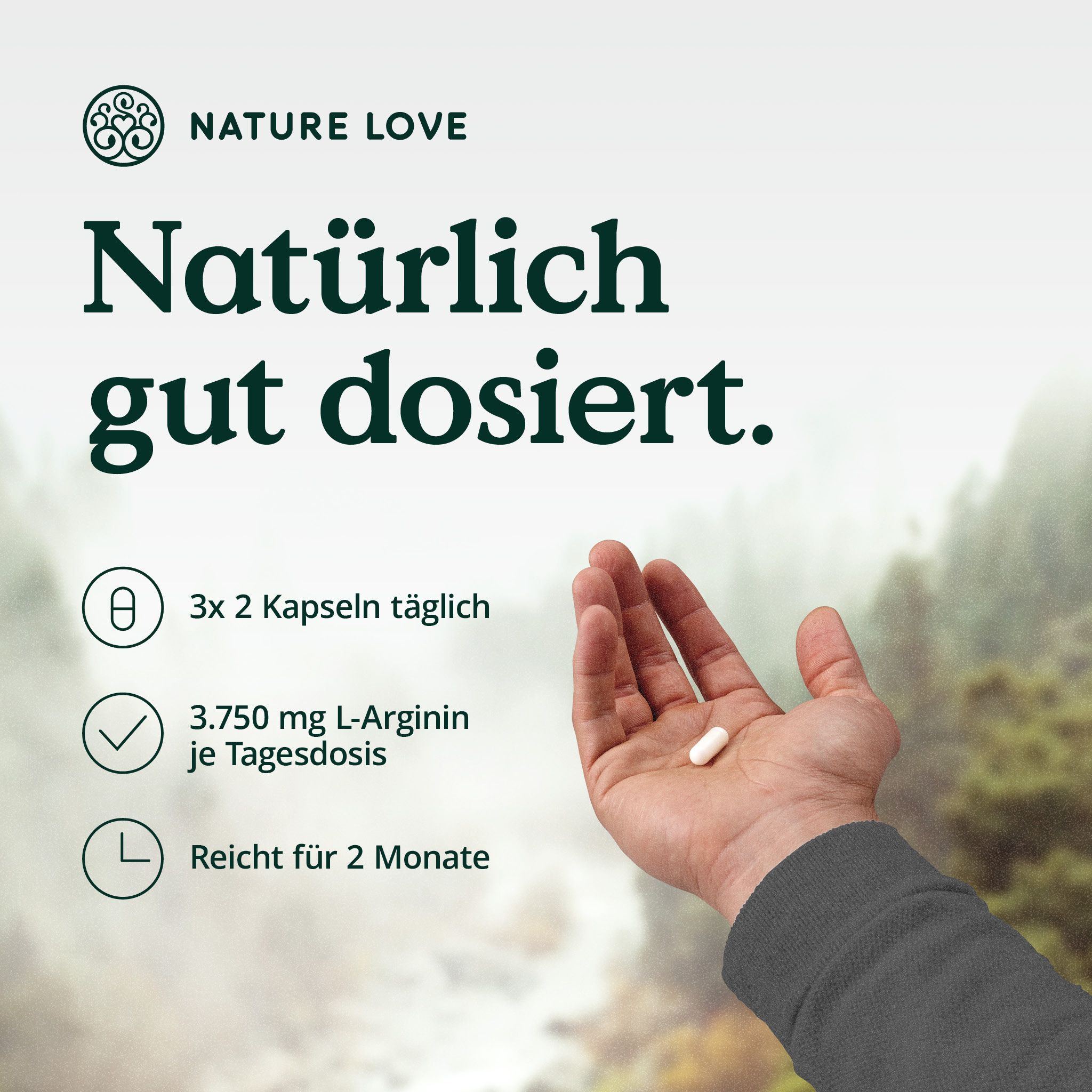 NATURE LOVE® L-Arginin - 365 Kapseln - Hochdosiert: 4500mg HCL (davon 3.750 mg Arginin)/Tagesdosis