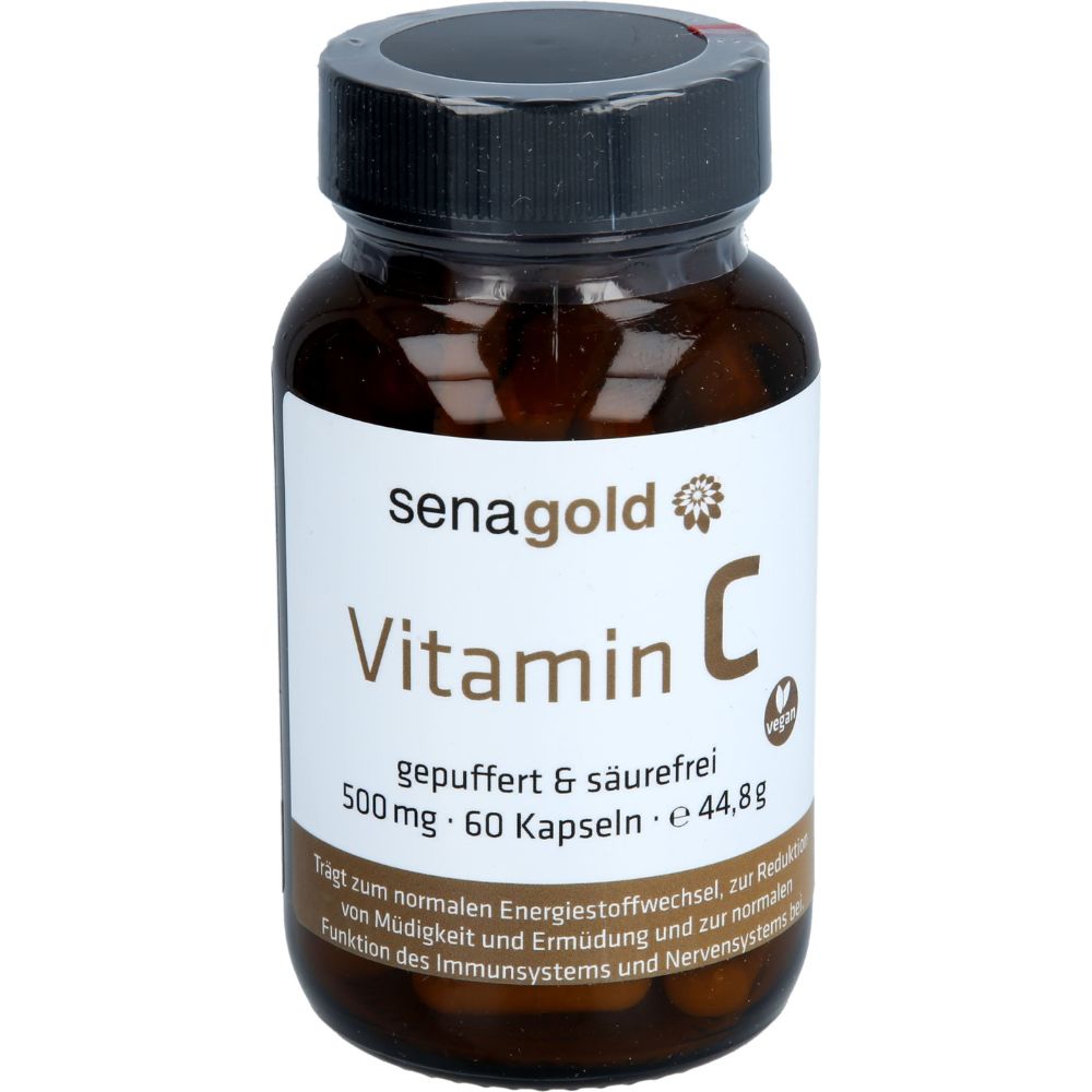 Braune Glasflasche mit schwarzem Deckel. Etikett mit "senagold Vitamin C". Enthält 60 Kapseln. Gepuffert & säurefrei.