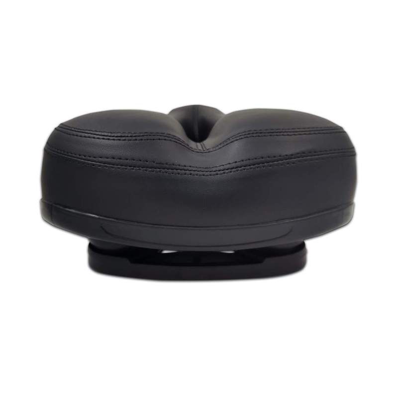Schwarzer Fahrradsattel, Draufsicht. Gepolsterte Oberfläche, ergonomische Form. Für Fahrräder.
