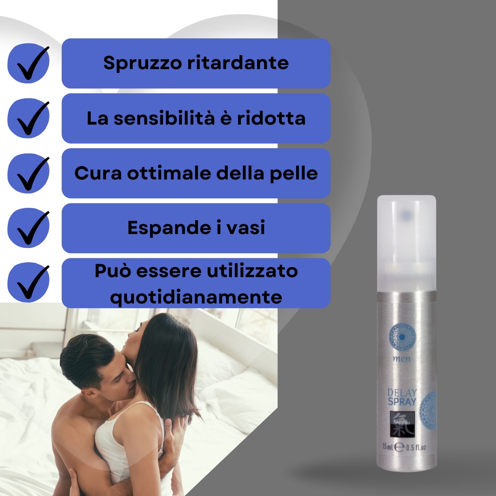 Spray e testo. Testo: Spray ritardante, sensibilità ridotta, cura ottimale della pelle, espande i vasi, uso quotidiano.