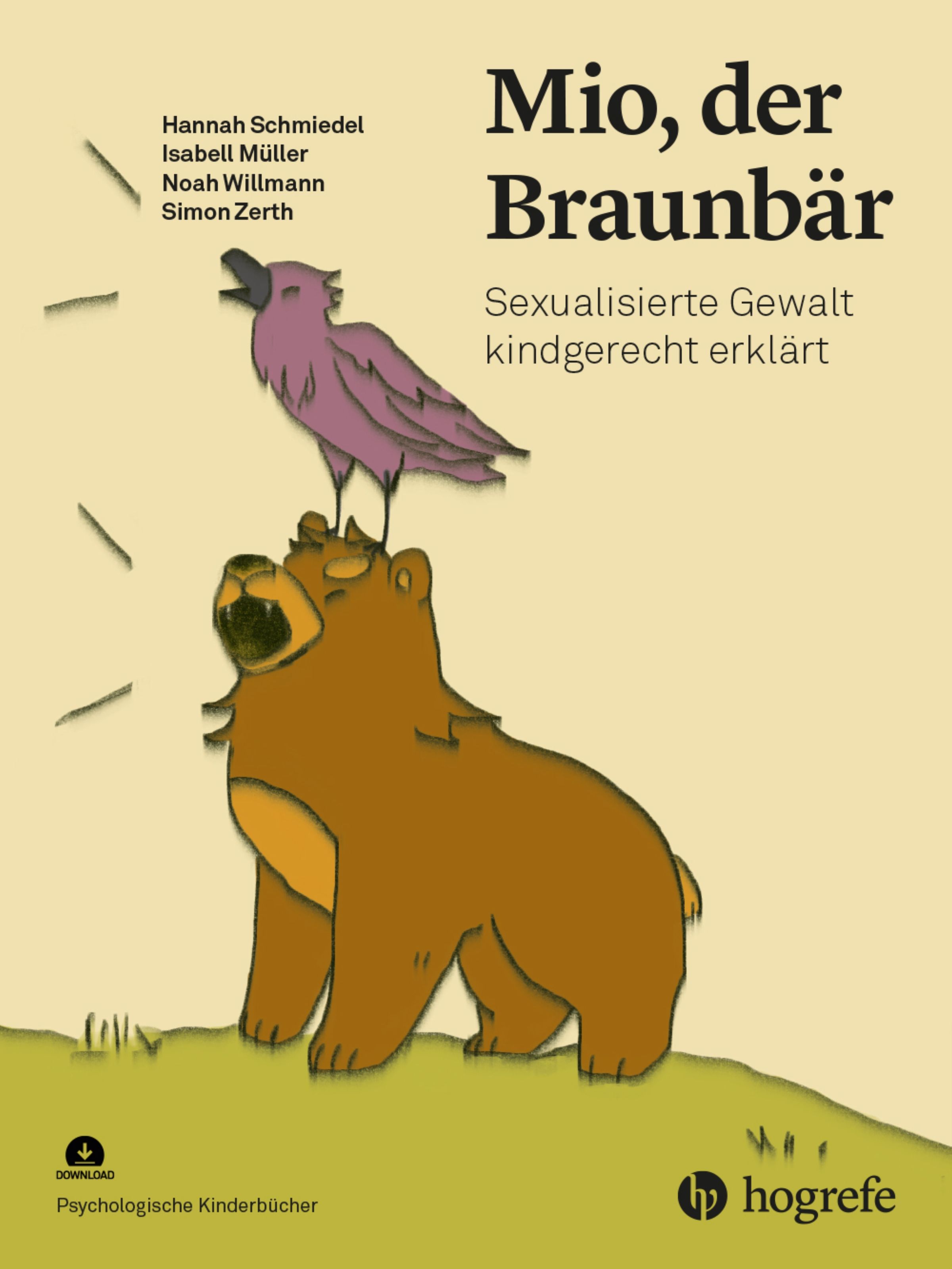 Buchcover: "Mio, der Braunbär". Illustration eines Bären und Vogels. Titel: Sexualisierte Gewalt kindgerecht erklärt. Verlag: Hogrefe.