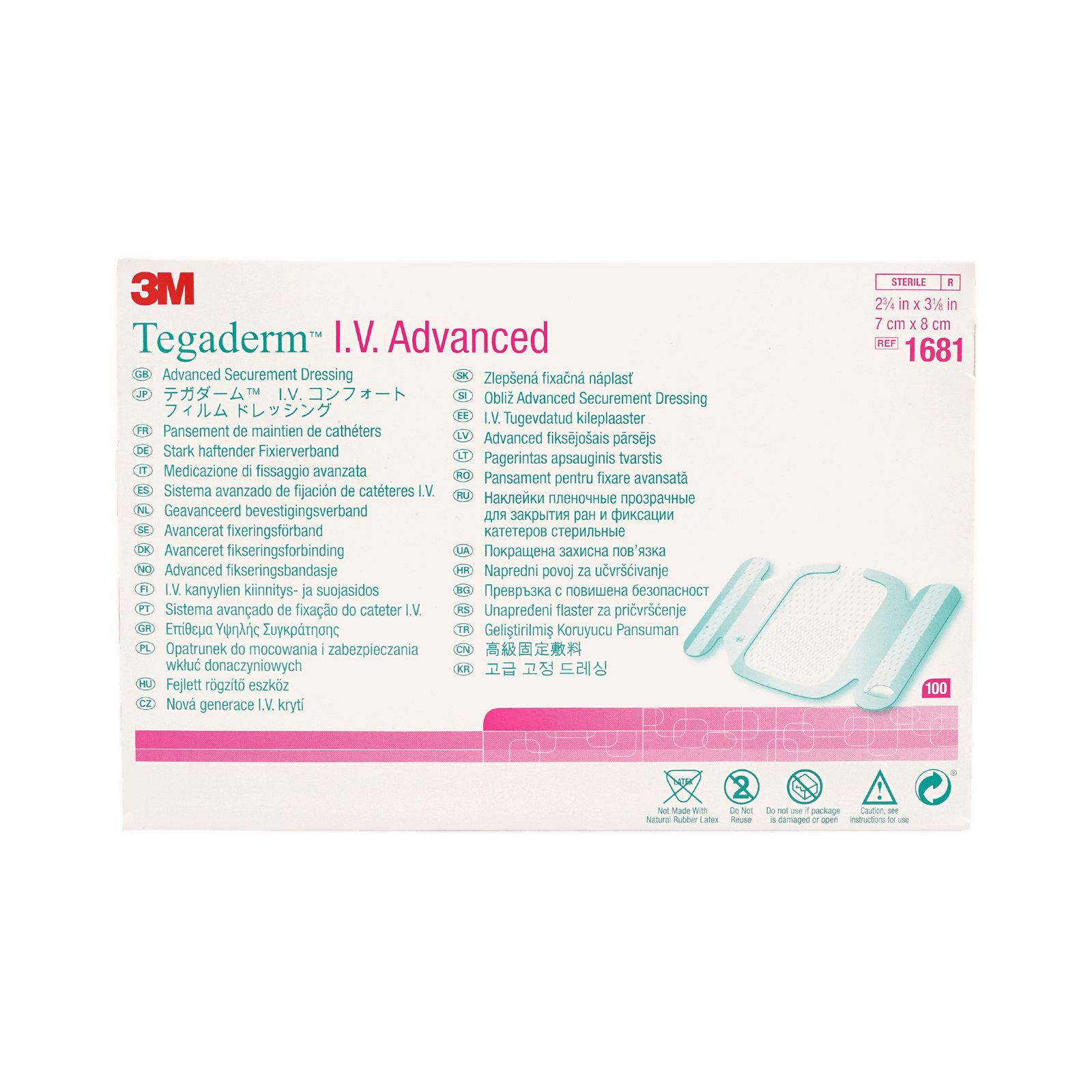 3M Tegaderm I.V. Advanced, transparente Fixierung. Weiße Verpackung mit Produkt und Zubehör. Mehrsprachiger Text.