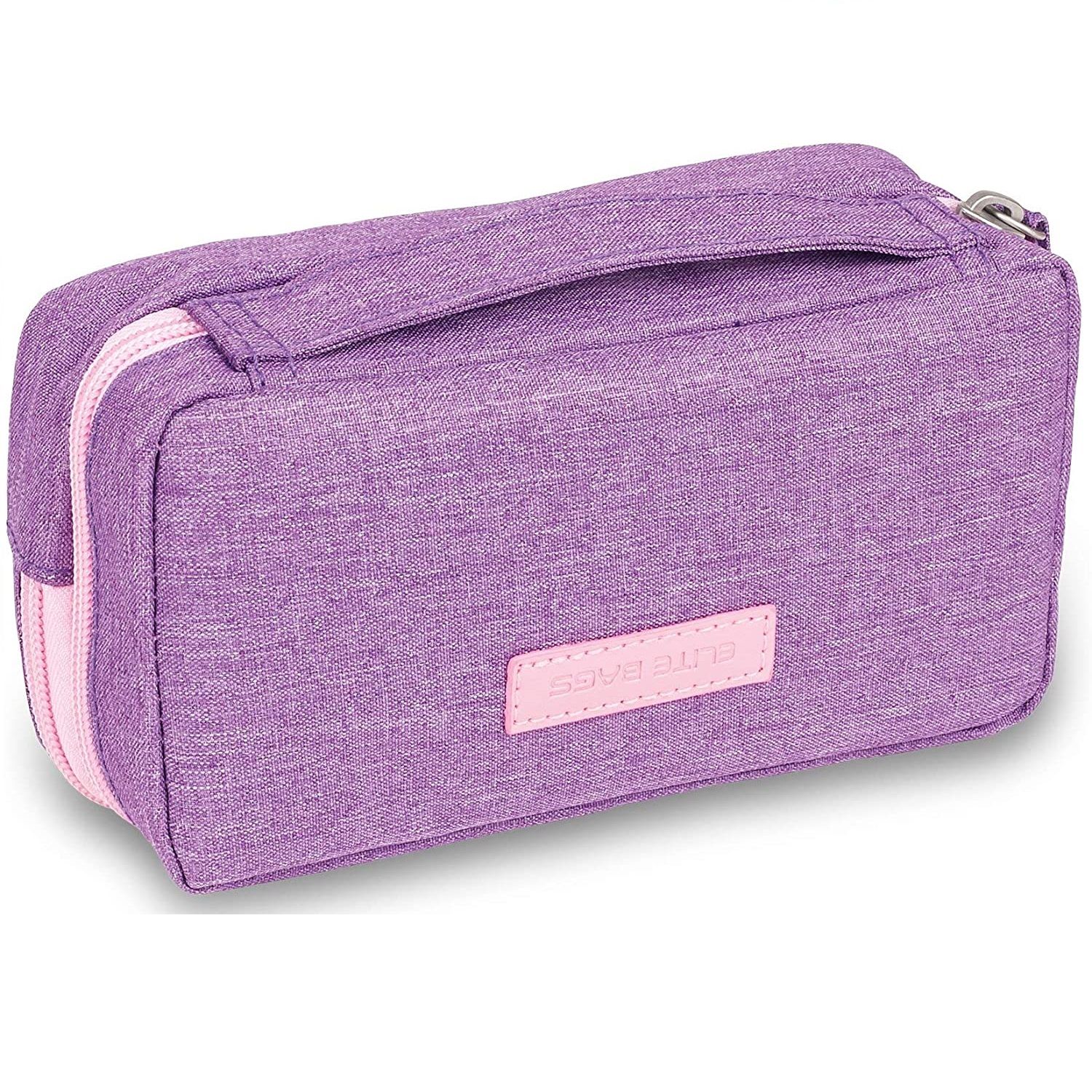 Violette, thermoisolierte Diabetikertasche. Rosa Reißverschluss und Griff. Rechteckige Form mit Logo.
