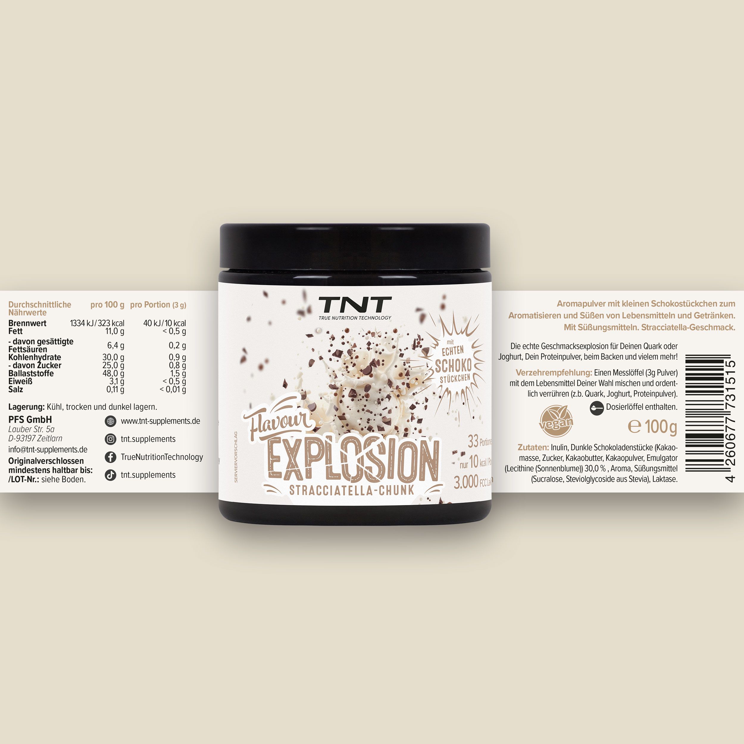 Glas mit TNT Flavour Explosion, Stracciatella-Chunk. Aufschrift: Mit echten Schokostückchen. 33 Portionen, 10 kcal pro Portion. Nährwertangaben.
