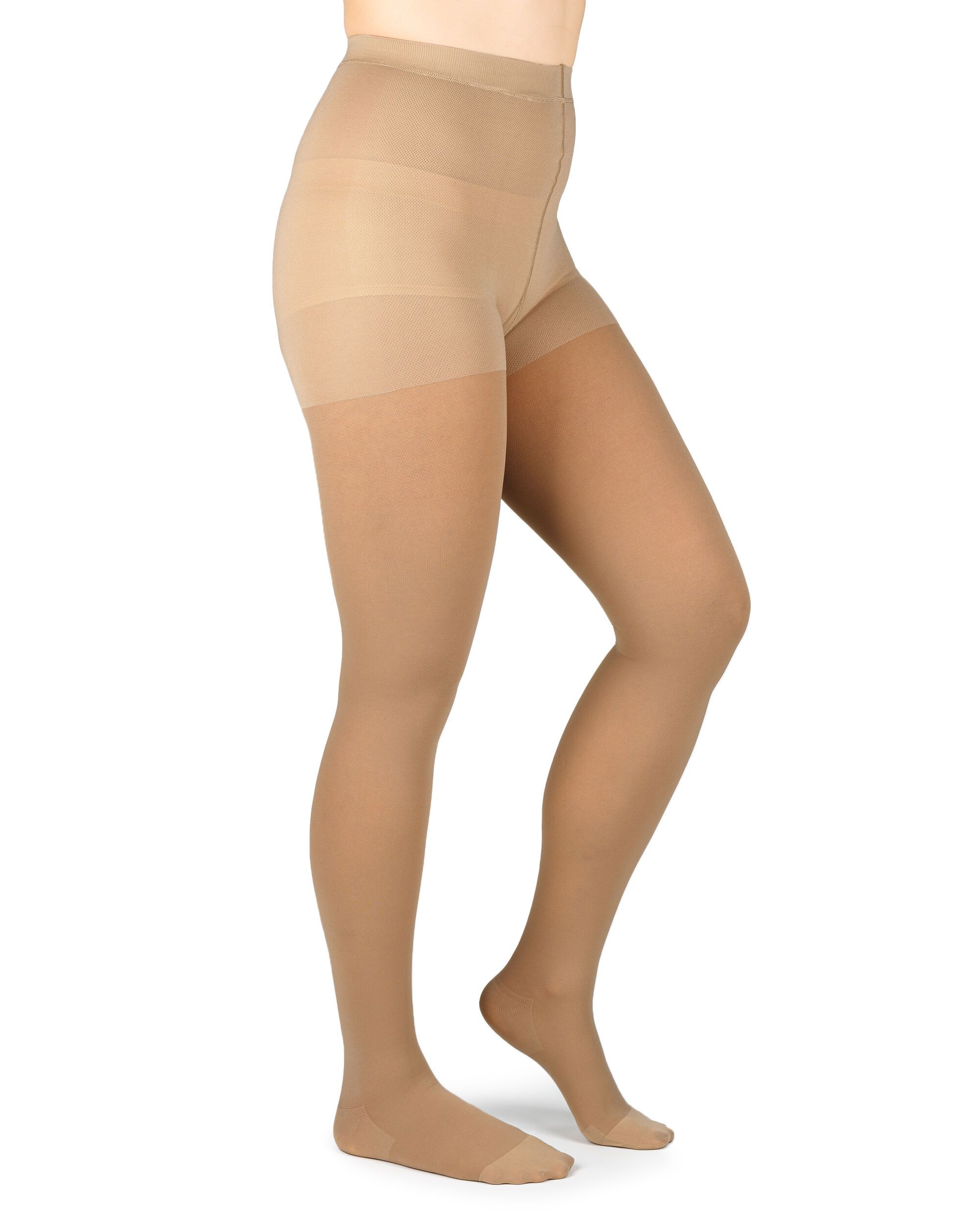 Hautfarbene Kompressionsstrumpfhose. Blick von der Seite. Zeigt die gesamte Länge der Strumpfhose.