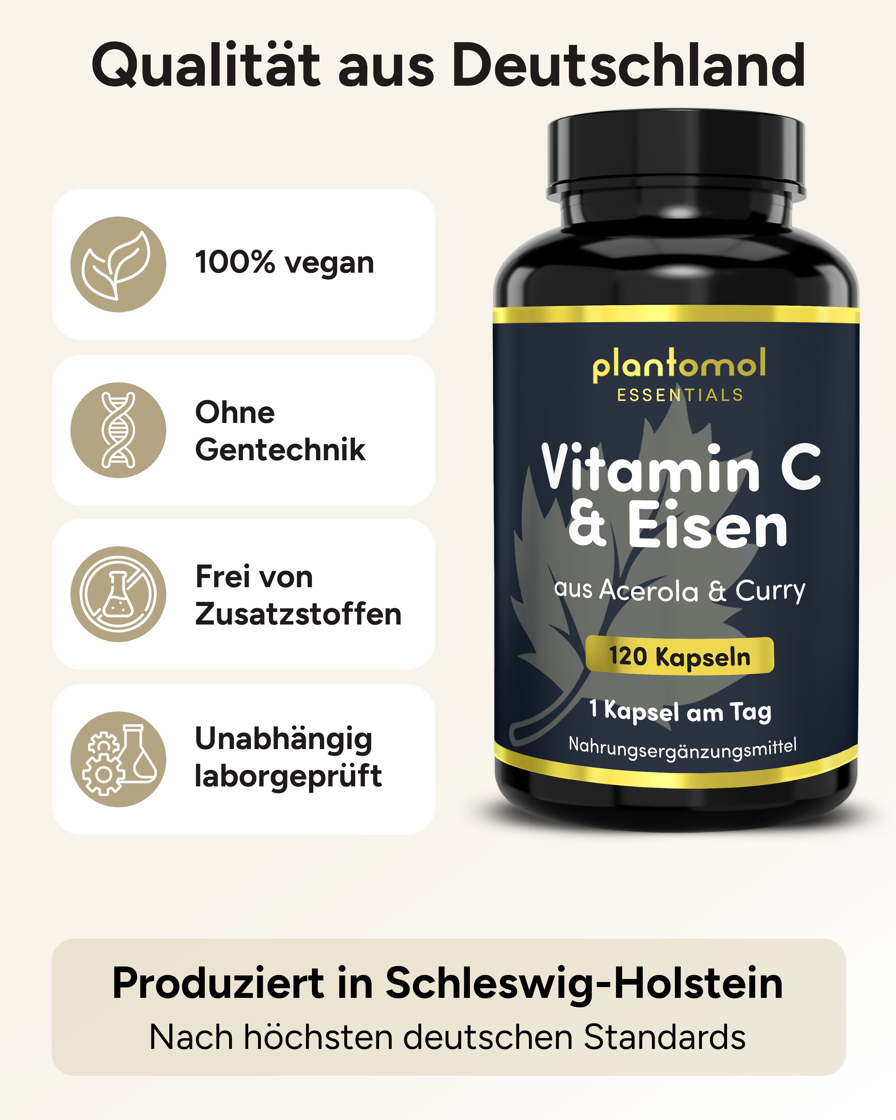 Qualität aus Deutschland. 100% vegan, ohne Gentechnik, frei von Zusatzstoffen, unabhängig laborgeprüft. Flasche plantomol® Essentials.