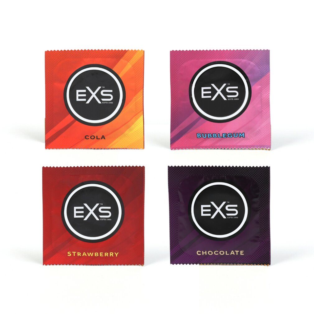 Vier einzeln verpackte Kondome: Cola, Bubblegum, Strawberry, Chocolate.