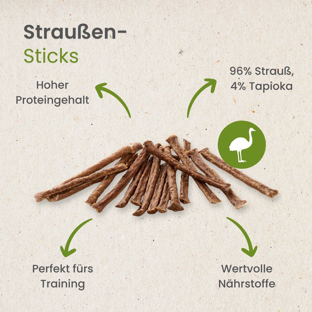 Ein Haufen verdrehter, getrockneter Sticks aus Straußenfleisch.