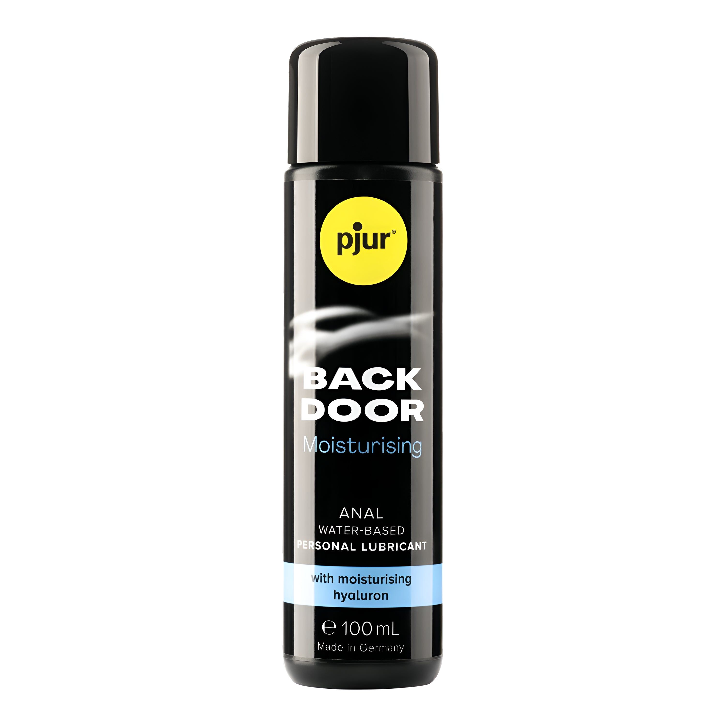 Schwarze Flasche mit schwarzem Deckel. Aufschrift: pjur, BACK DOOR, Anal Water-Based Personal Lubricant, mit moisturising hyaluron.