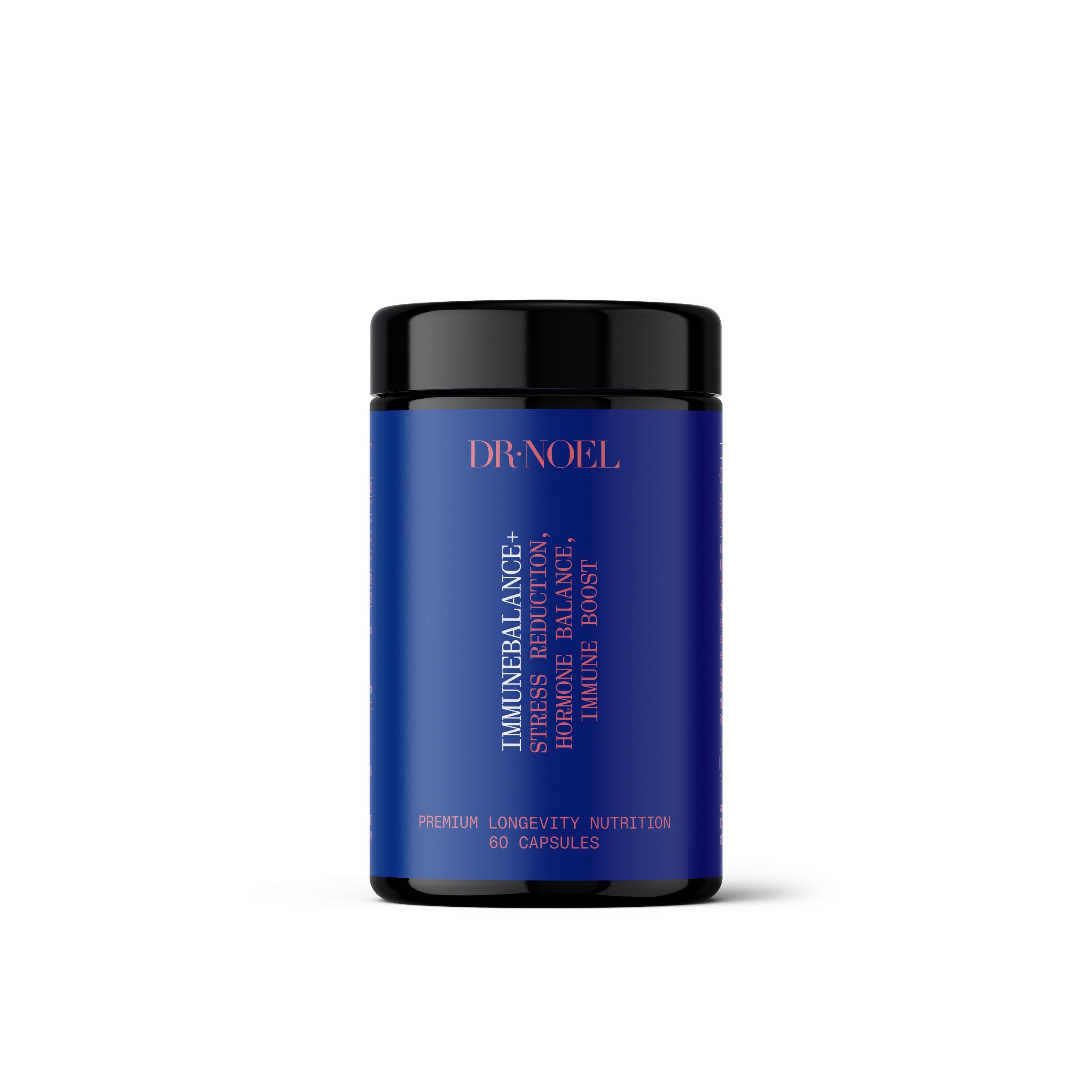 Blaue Flasche von Dr. Noel. IMMUNEBALANCE+, Stressreduktion, Hormonbalance, Immun-Boost. 60 Kapseln. Premium Longevity Nutrition.